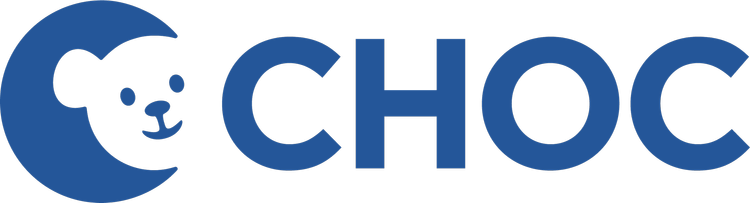Logo with a cartoon bear face inside a crescent shape and the word 'CHOC' in bold blue letters.