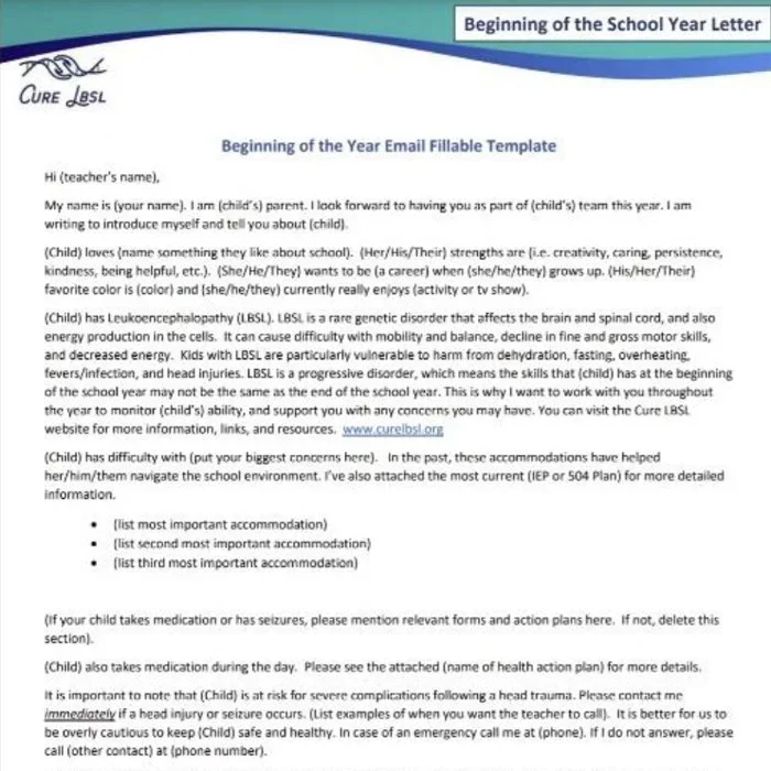 A template letter introducing a child to a new teacher at the beginning of the school year, explaining the child's strengths, needs, and important information for the teacher.
