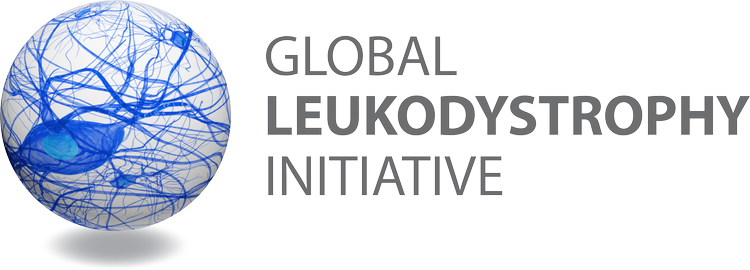 Logo of the Global Leukodystrophy Initiative featuring a blue globe with neural network patterns and text in gray and yellow.