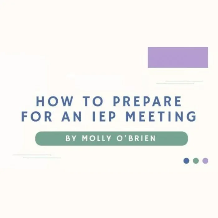 Book cover titled "How to Prepare for an IEp Meeting" by Molly O'Brien with a white background and purple and green accents.