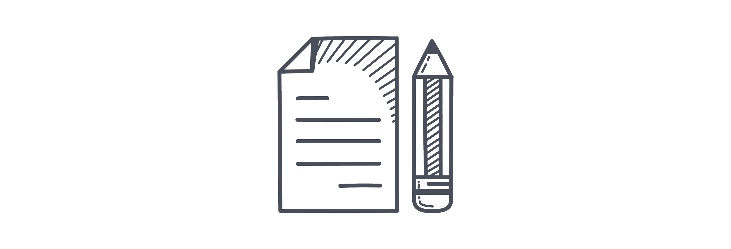 Line art icon of a sheet of paper with horizontal lines and a pencil standing upright next to it.