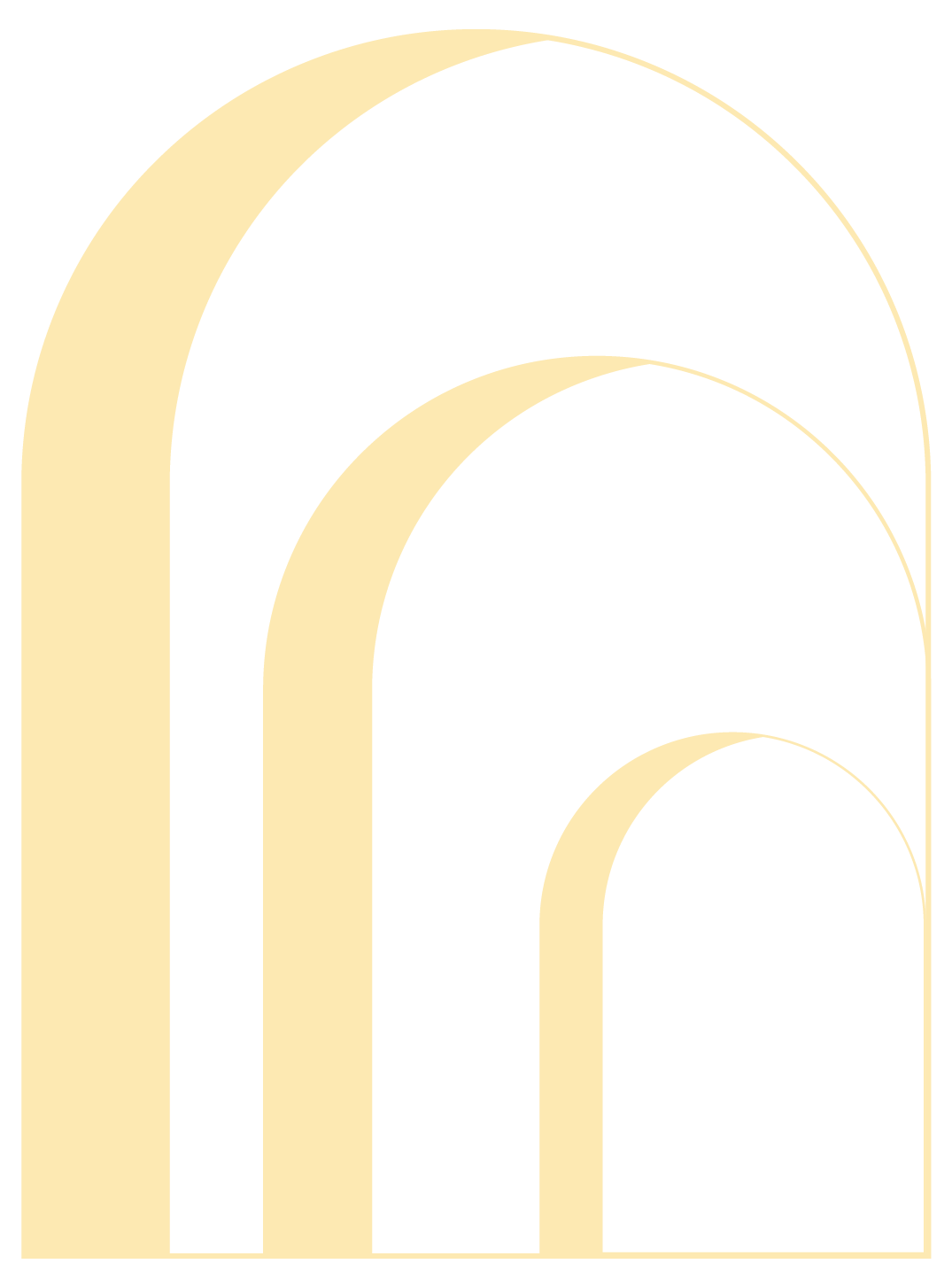 Stylized graphic of four beige arches of varying sizes on a black background.