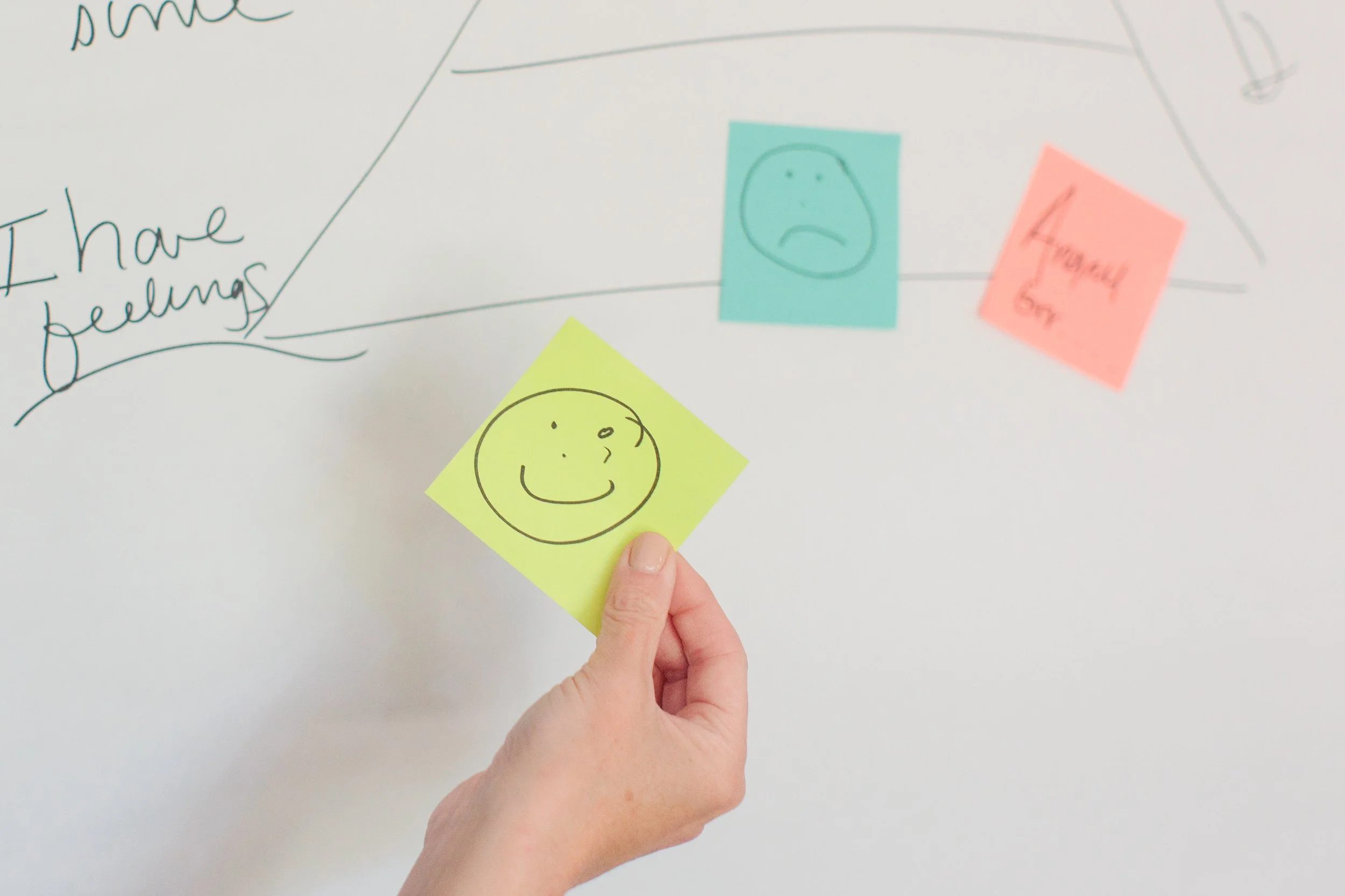 A hand holding a yellow sticky note with a simple smiley face drawing. In the background, there are colorful sticky notes with doodles and handwritten notes on a white surface.