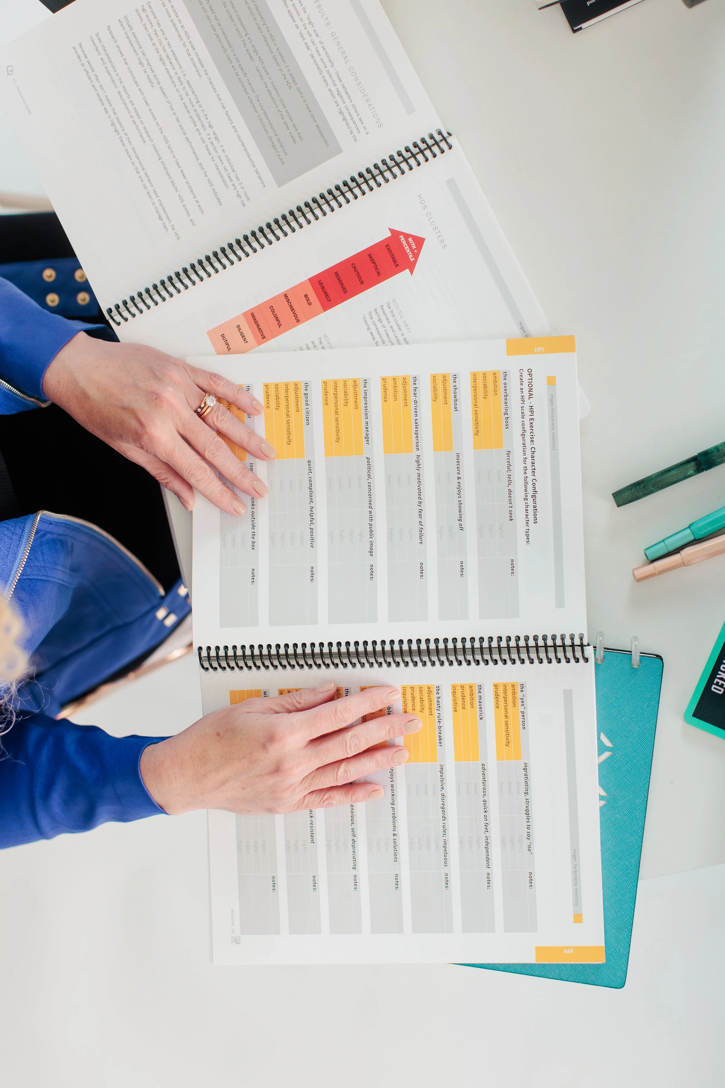 Two people reviewing printed pages with charts and color codes on a white table, with markers and a phone nearby.