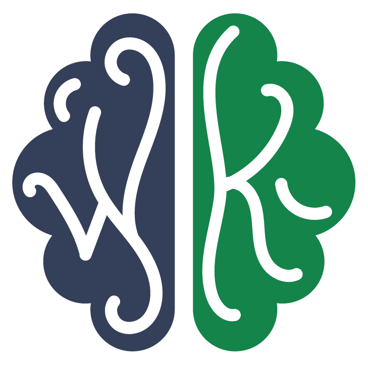 A stylized graphic of a brain divided into two halves, with the left side in dark blue and the right side in green.