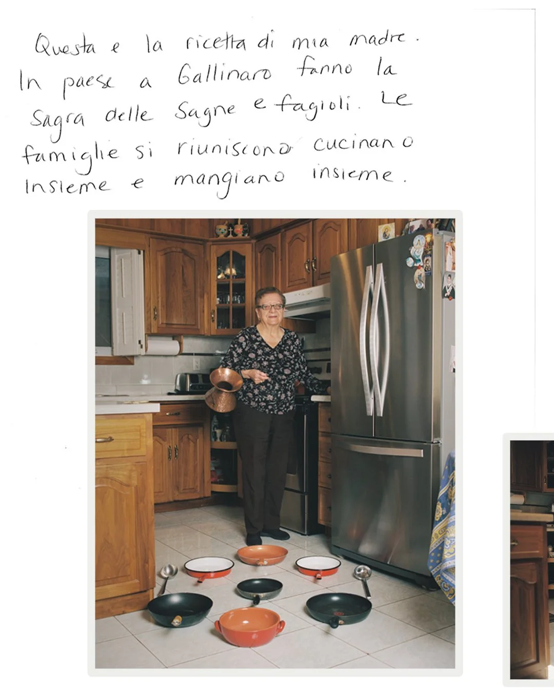 A woman standing in a kitchen holding a copper pot, surrounded by empty pots and pans on the floor, with wooden cabinets and a stainless steel refrigerator in the background.