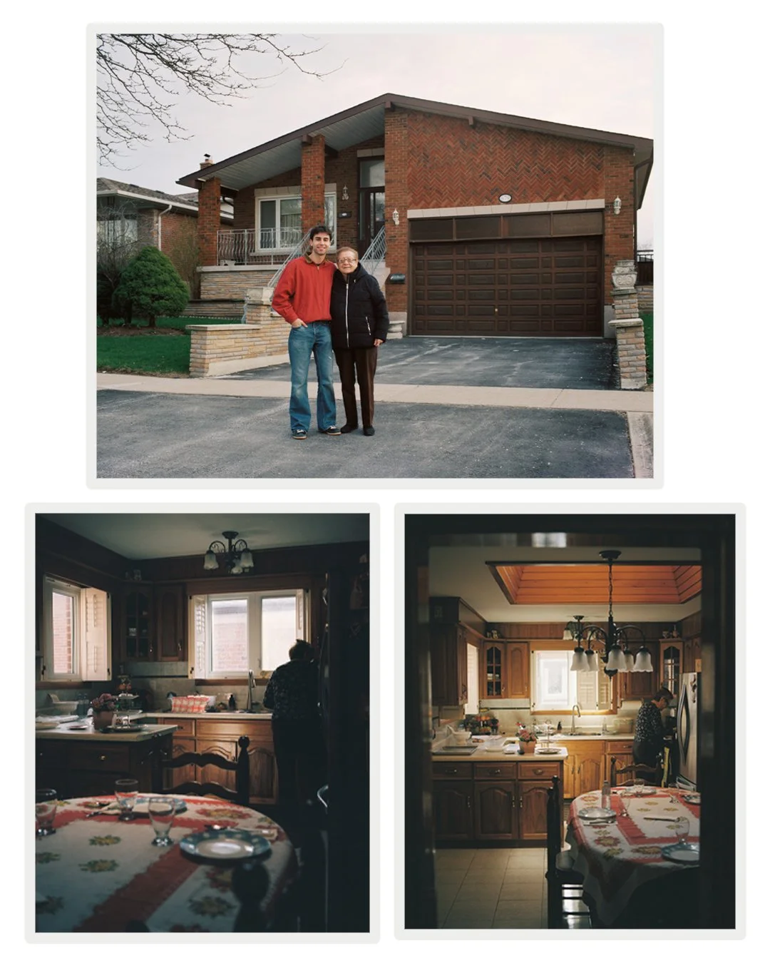 A collage of three photos: the top photo shows a man and a woman standing outside a brick house with a garage, the bottom left photo depicts a woman inside a kitchen with wooden cabinets and a dining table, and the bottom right photo shows a view of 