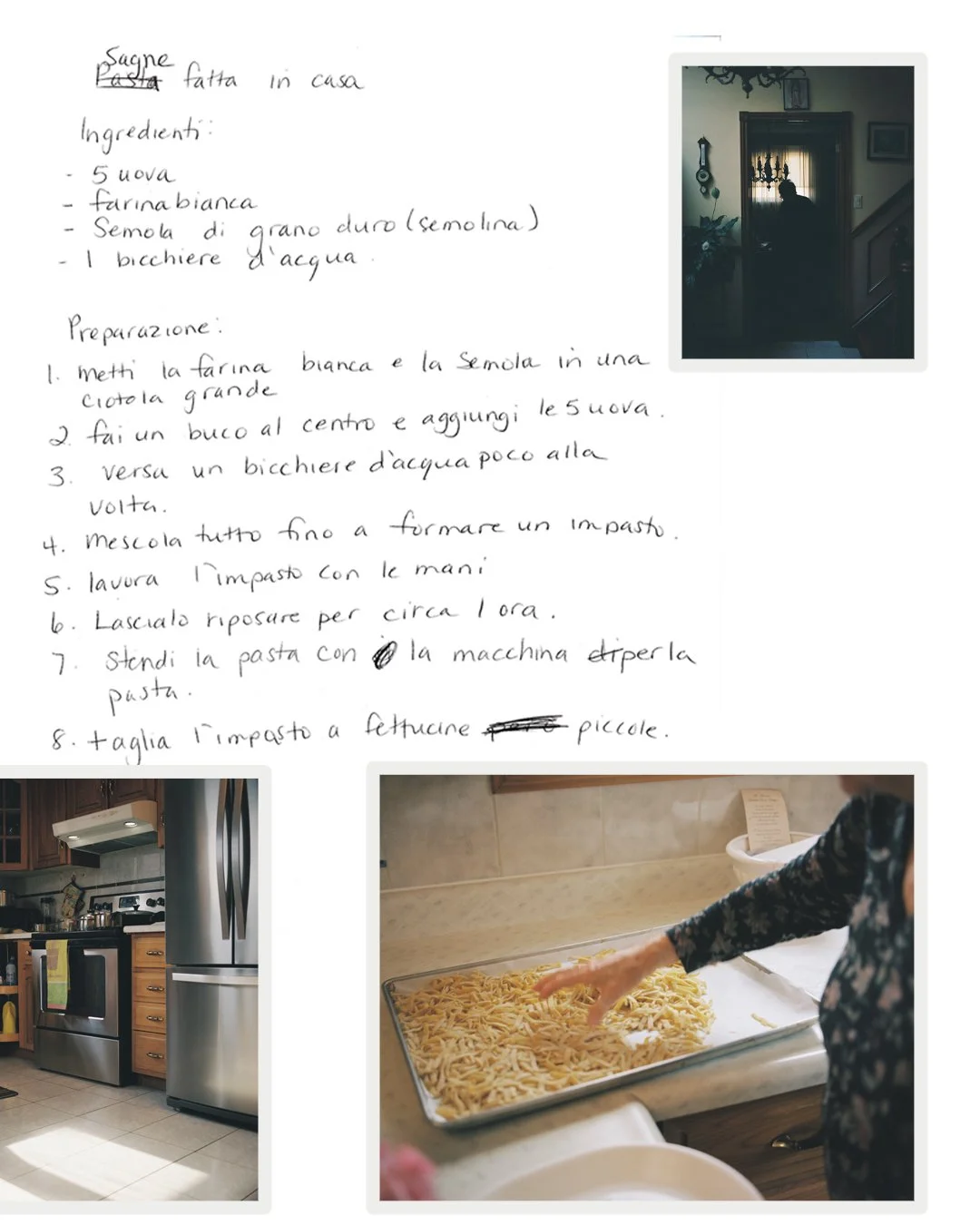 A handwritten pasta recipe in Italian with photos of a kitchen, a person cooking pasta, and a hallway mirror.