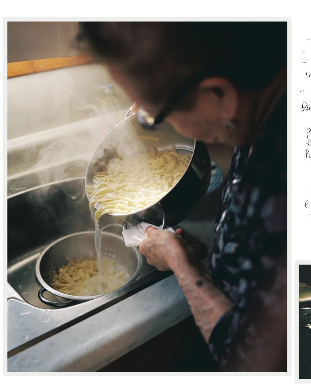 Person pouring cooked pasta from a pot into a colander in a kitchen sink.