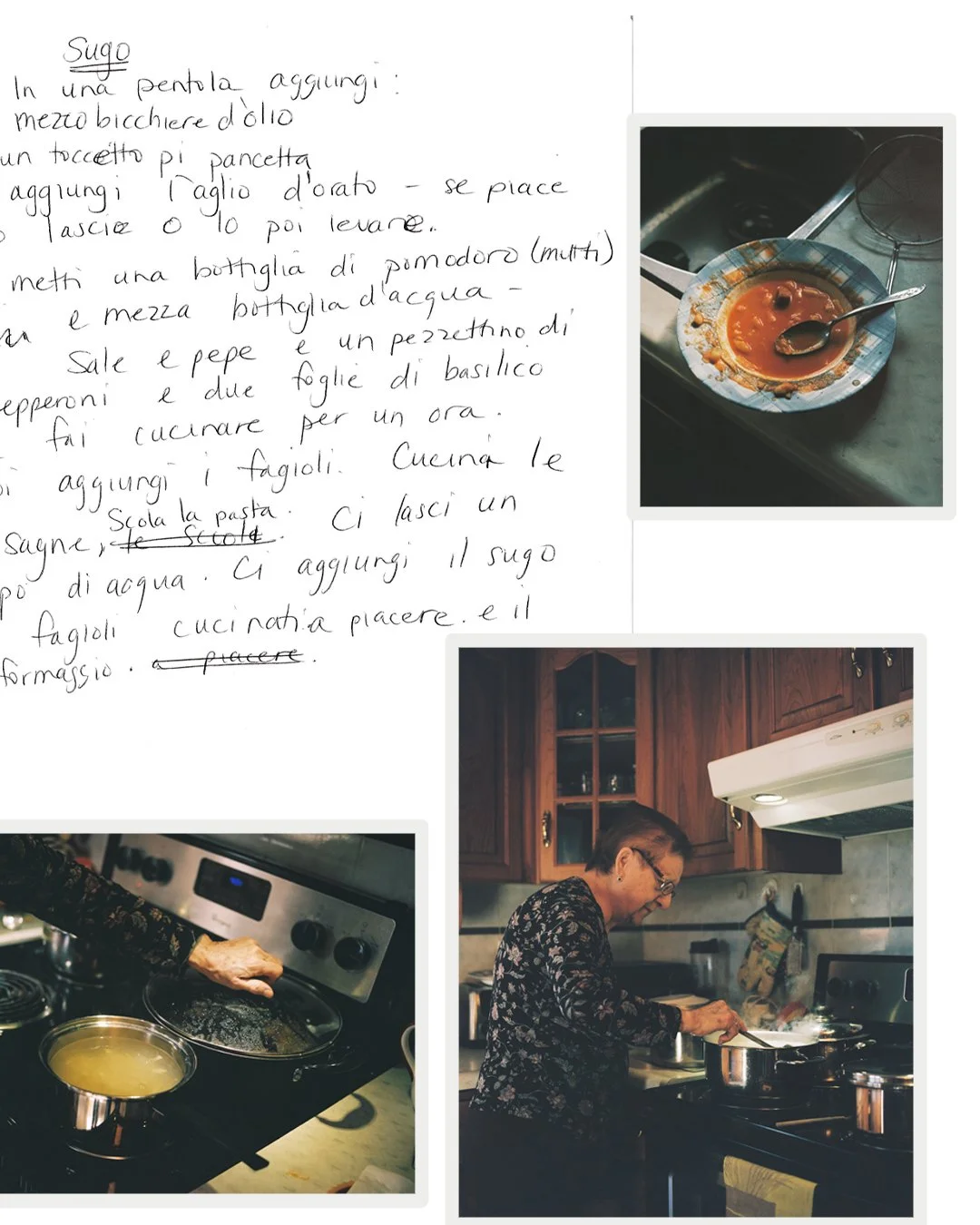 A handwritten recipe in Italian with three photos showing a woman cooking in a kitchen, a bowl of tomato soup with a spoon, and a hand stirring a pot on the stove.