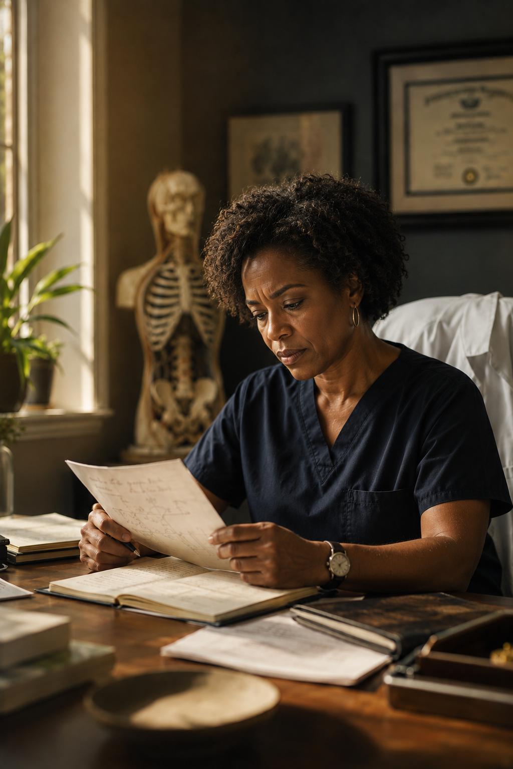 Female physician reviewing practice documents at her office desk.