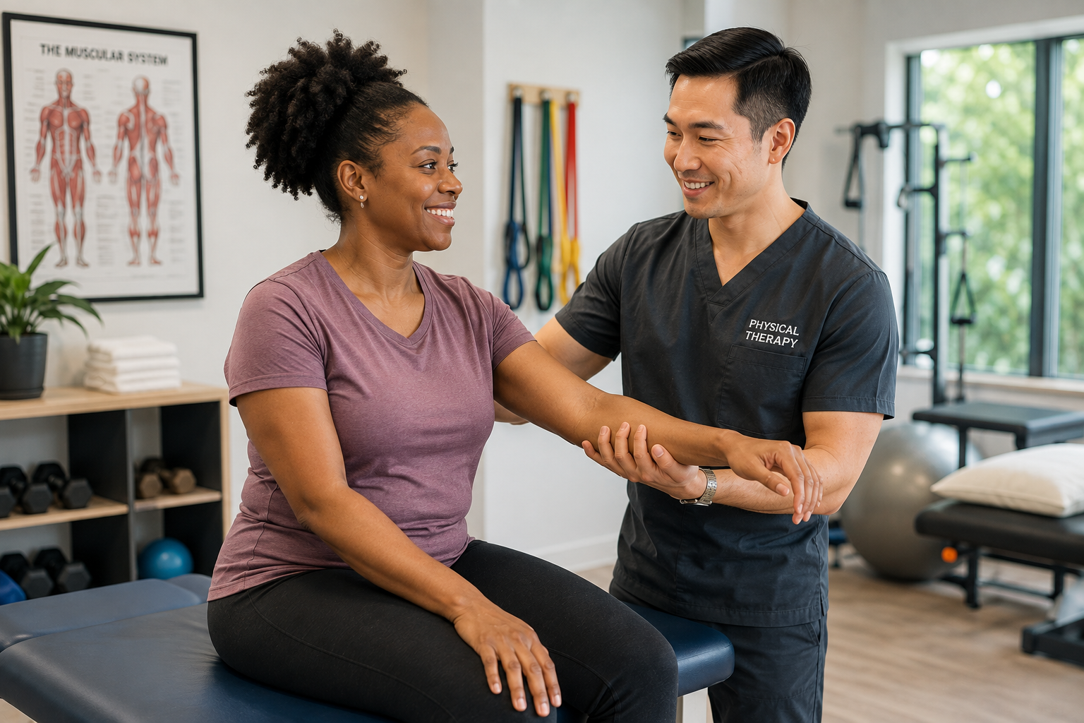 Physical therapist guiding a patient through a rehabilitation exercise.