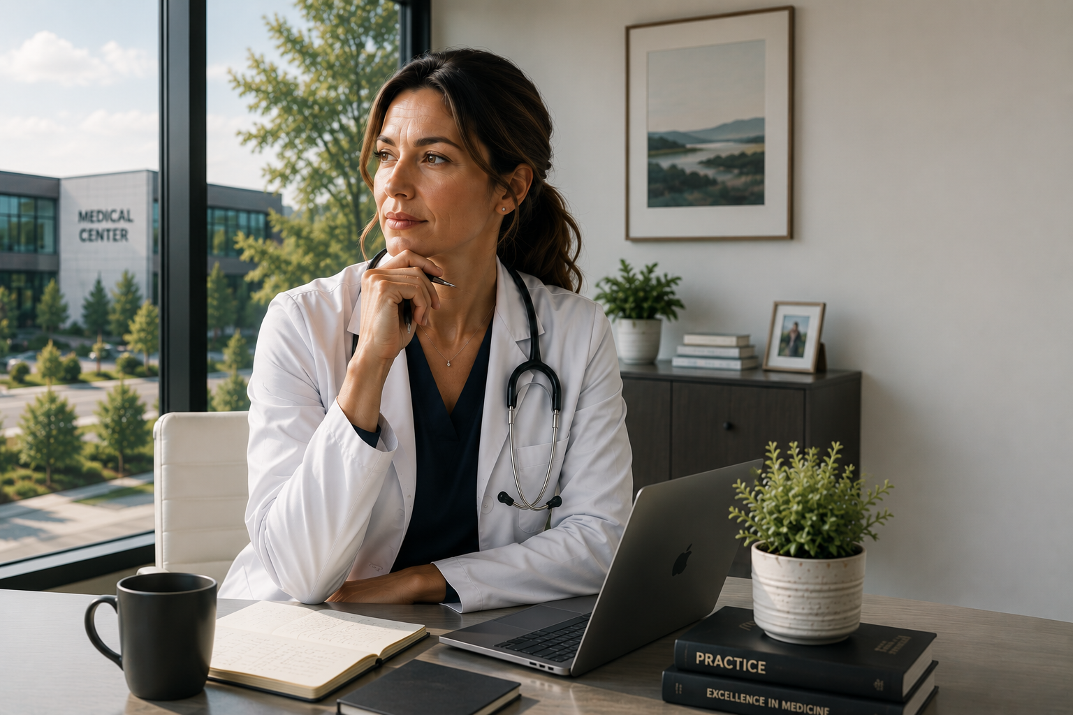 Female physician thoughtfully reviewing her practice from her office desk.