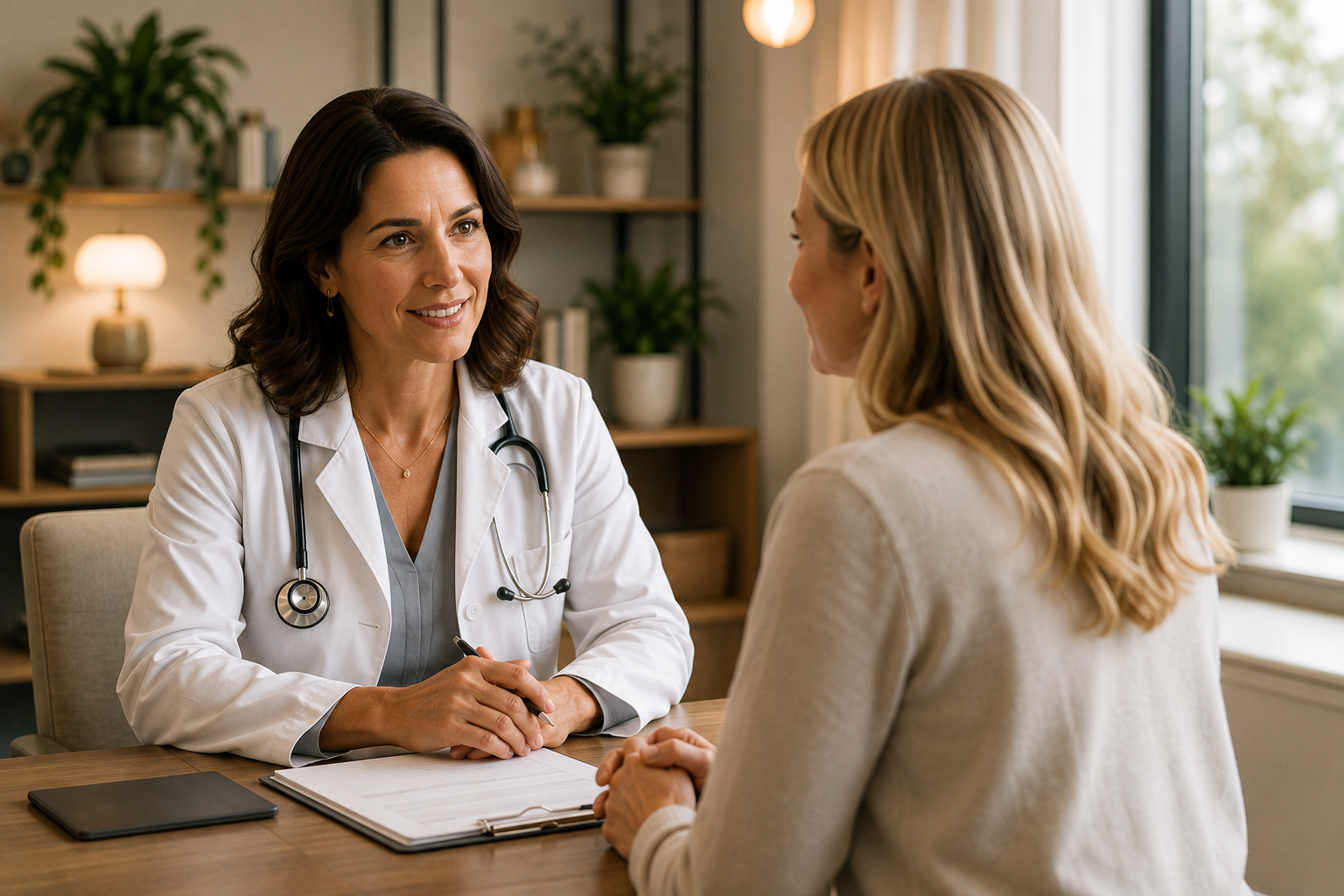 Female physician consulting with a patient in a welcoming medical office.