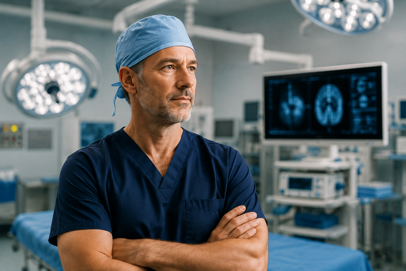 Experienced surgeon standing confidently in a modern operating room.