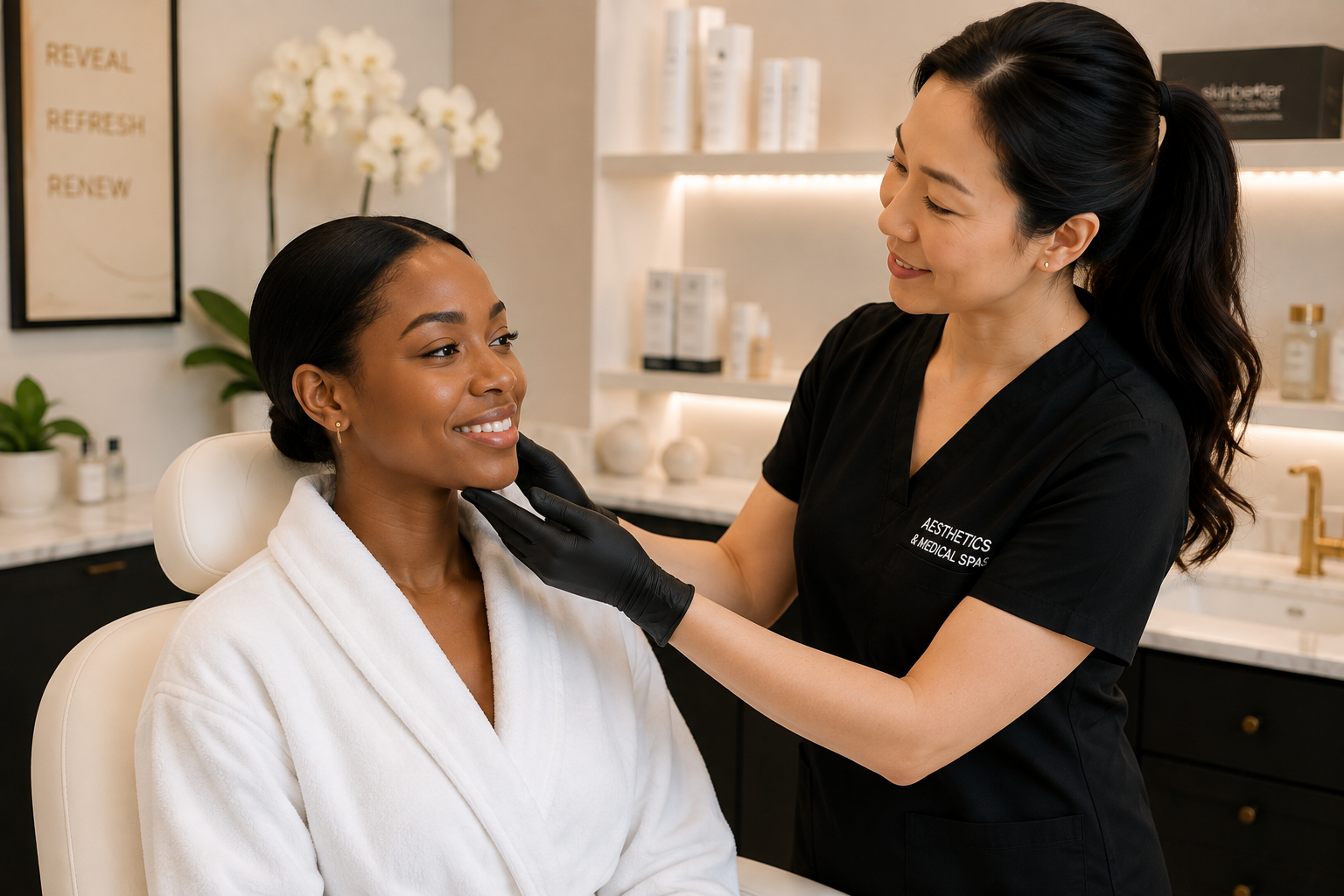 Skincare professional examining a patient in a private treatment room.
