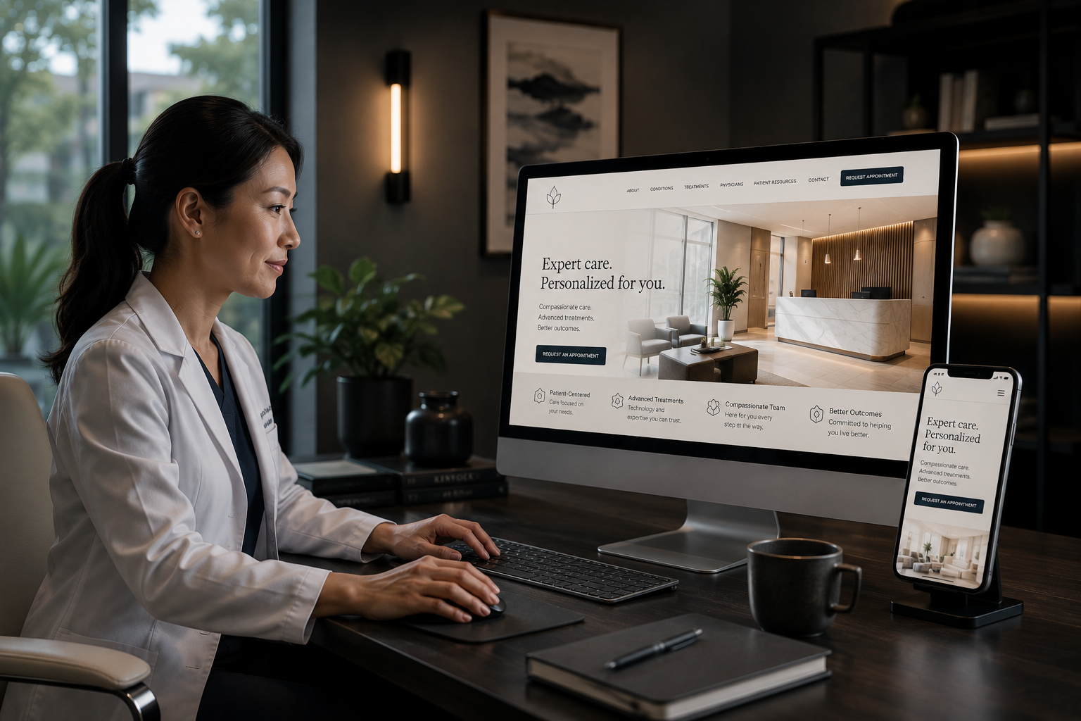 Female physician reviewing her practice website on a computer and smartphone.