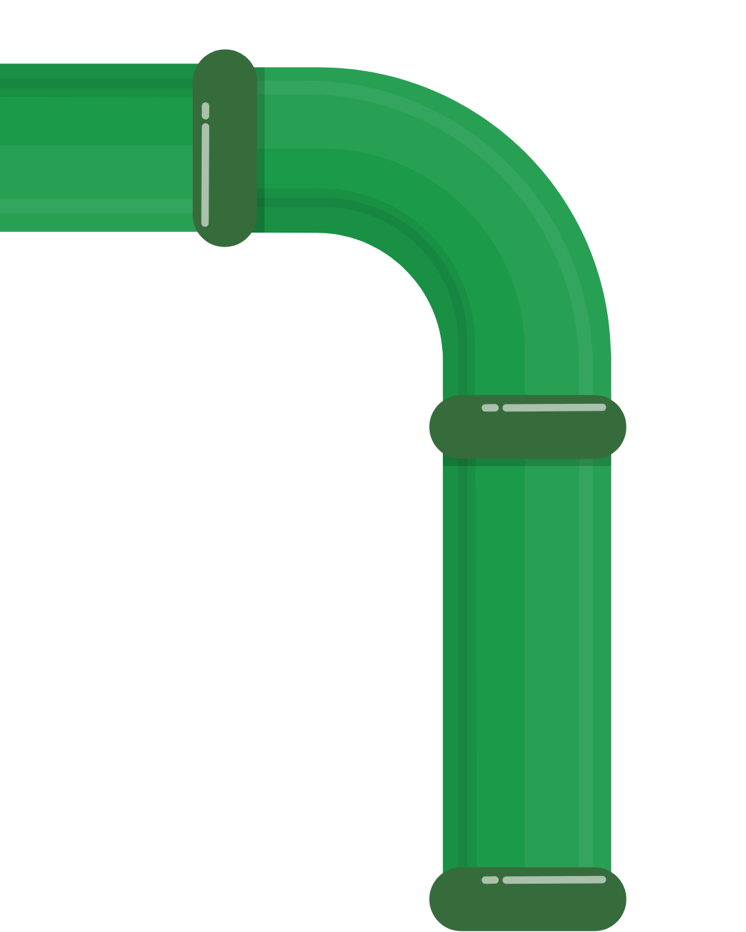 Close-up of a green pipe connector against a green background, with visible joints and reflections.