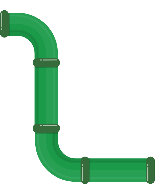 A green pipeline with four sections connected by two fittings, forming a curved shape.
