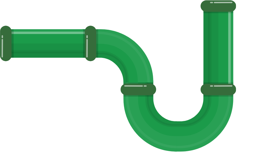 Illustration of green plumbing pipes connected in a curved arrangement.