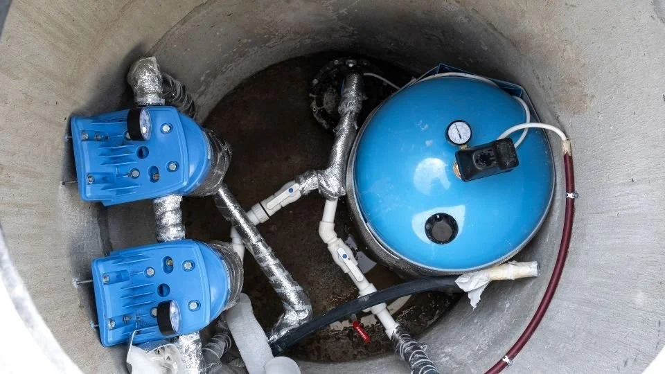 Installation setup inside a concrete well with blue hydraulic controls, pipes, and a regulation tank or filter.