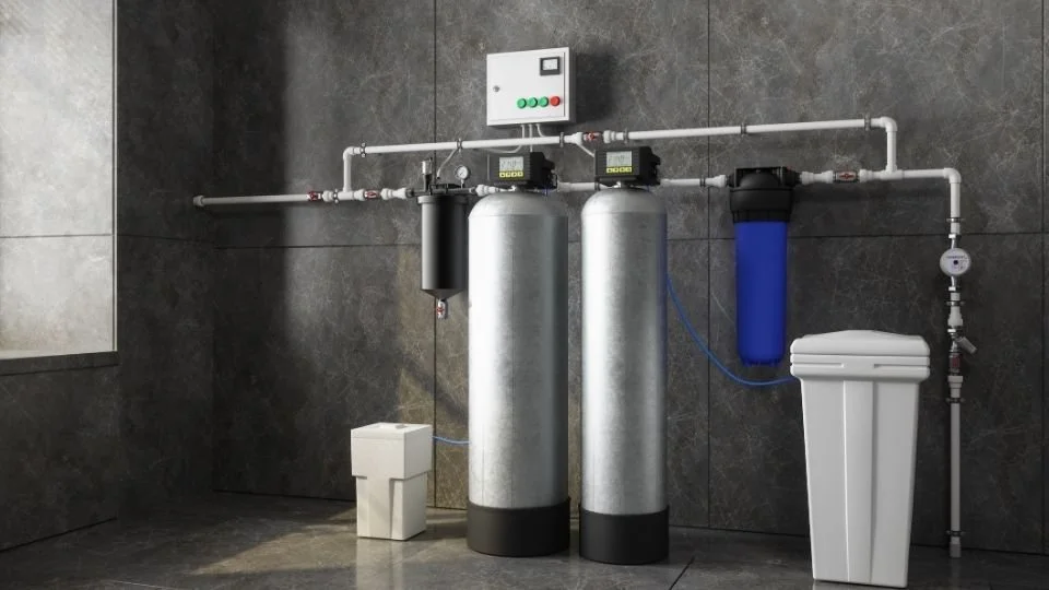 Water filtration system with two large silver tanks, a control panel, a black filter, a blue filter, a white water softener, and piping against a dark tiled wall.