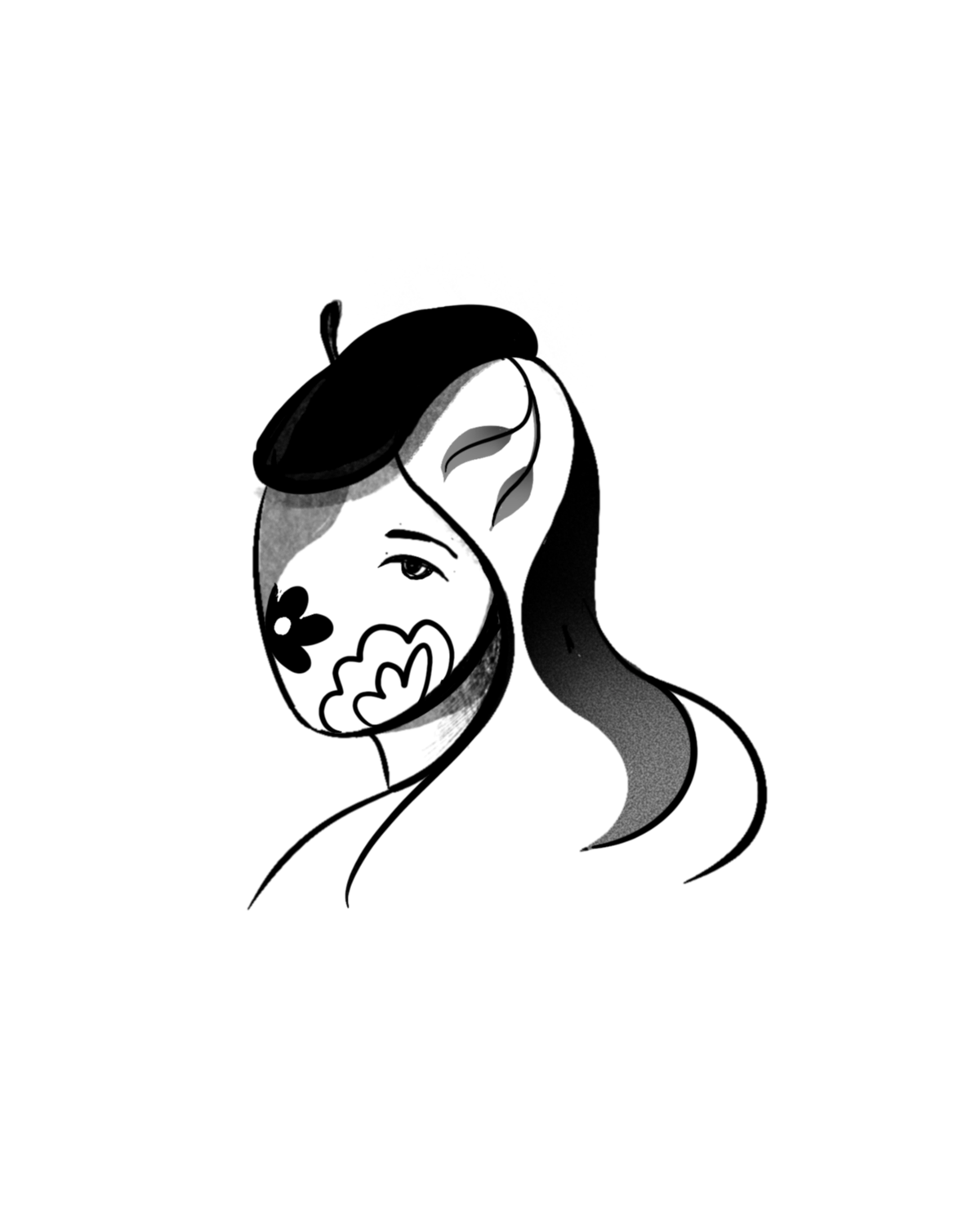 Black and white illustration of a woman with wavy hair, looking to the side, in a semi-abstract style with contrasting shadows.