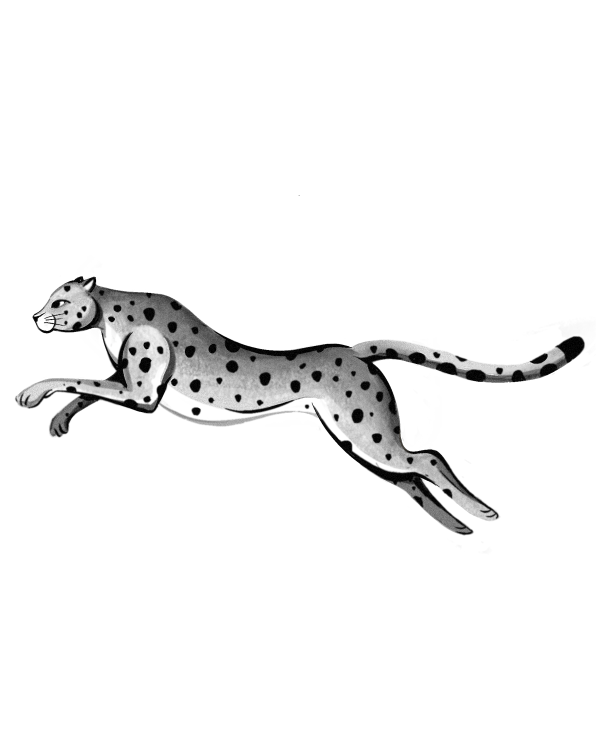 A stylized black and white illustration of a running cheetah with spots, depicted in a minimalist art style.