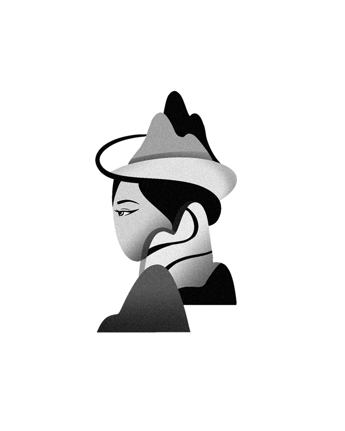 Black and white illustration of a woman wearing a hat, with her hand resting on her face, appearing thoughtful or melancholic.