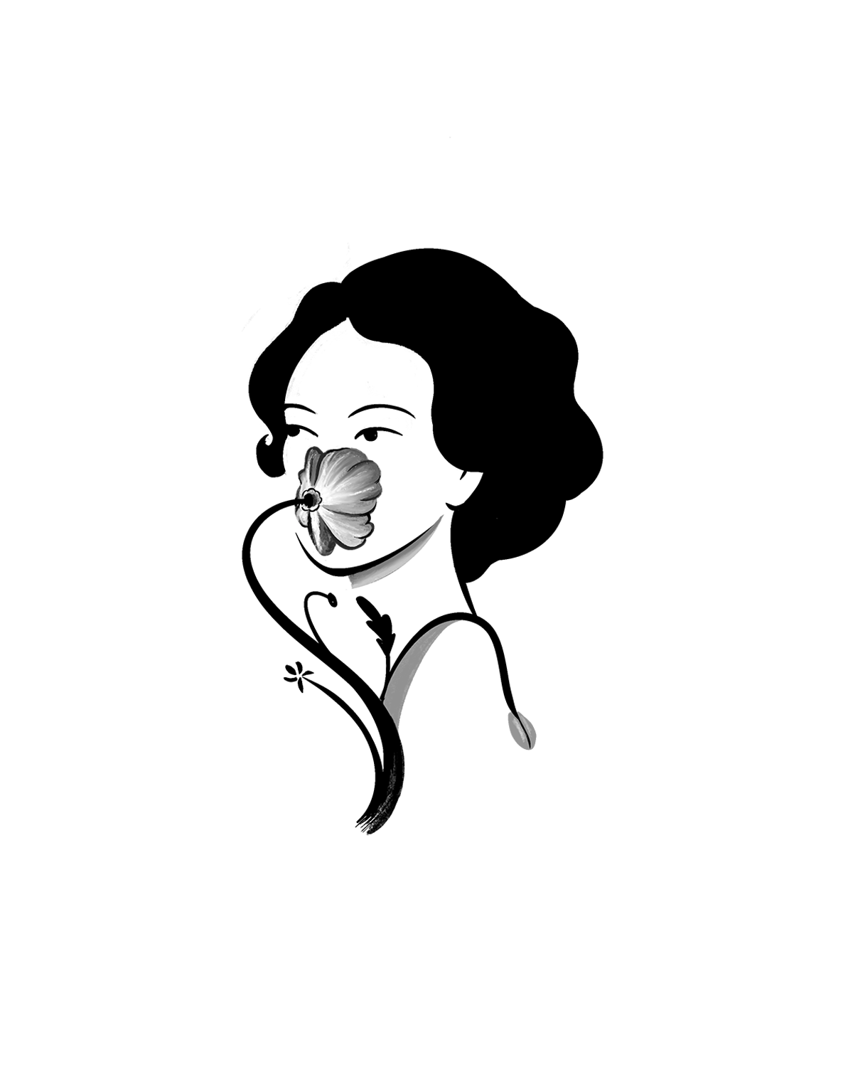 Black and white illustration of a woman with short hair, wearing a large flower in her hair and a strapless top, with a contemplative expression.