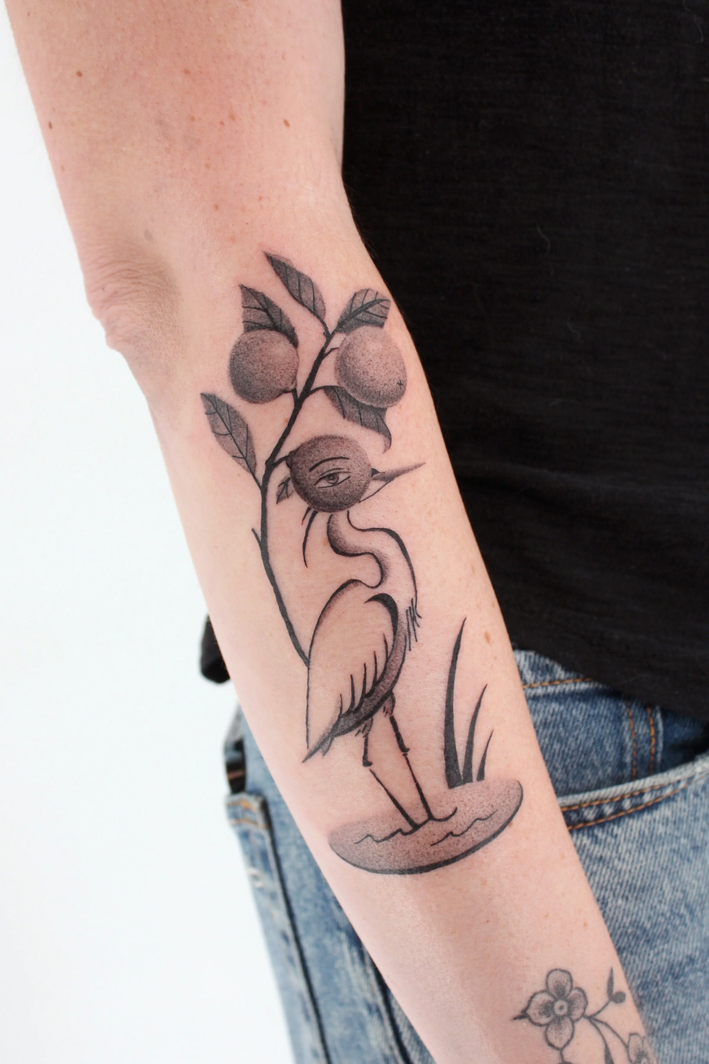 Tattoo of a flamingo with a branch of fruit and a peach with a face, on a person's forearm.