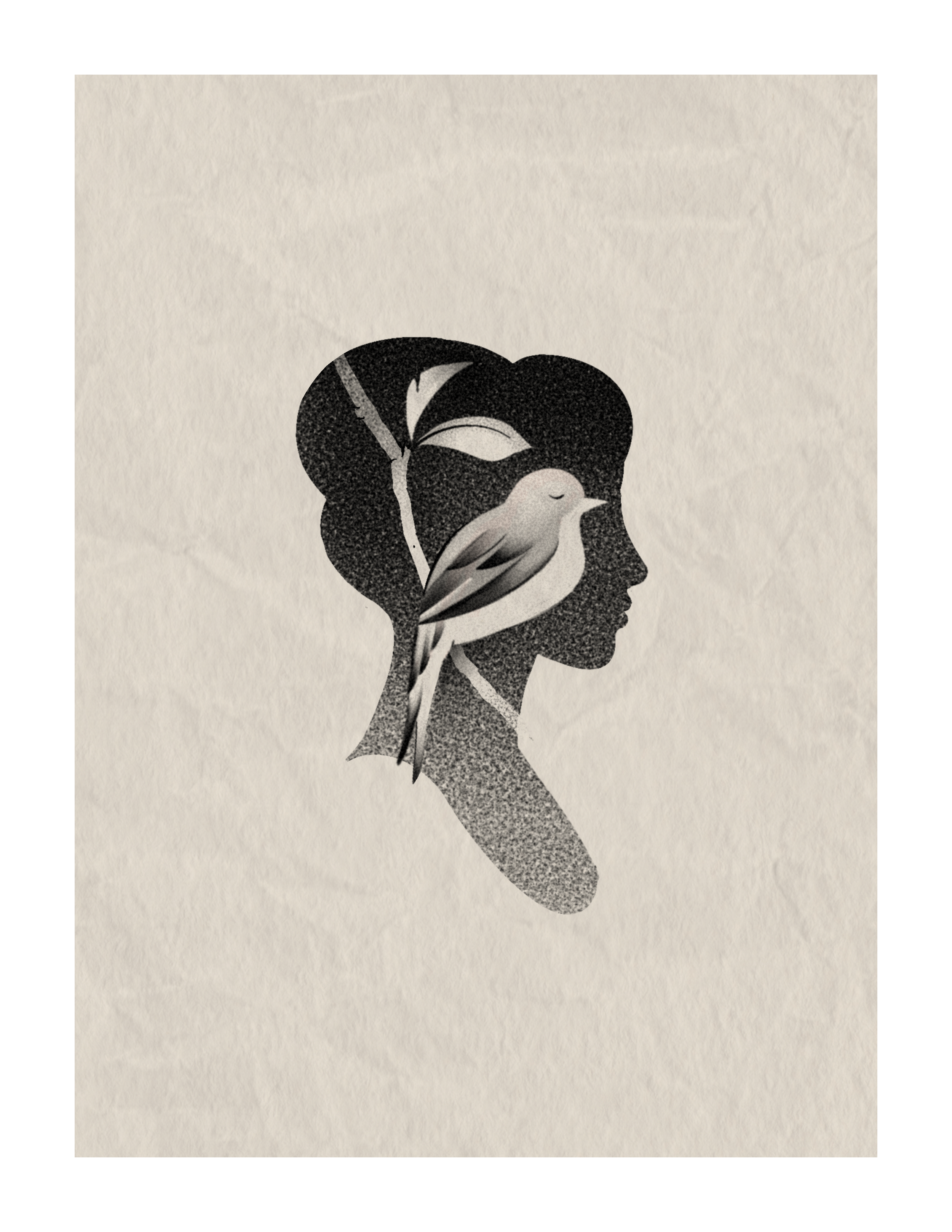 Black and white illustration of a woman's profile with a bird and leaves within her head silhouette.