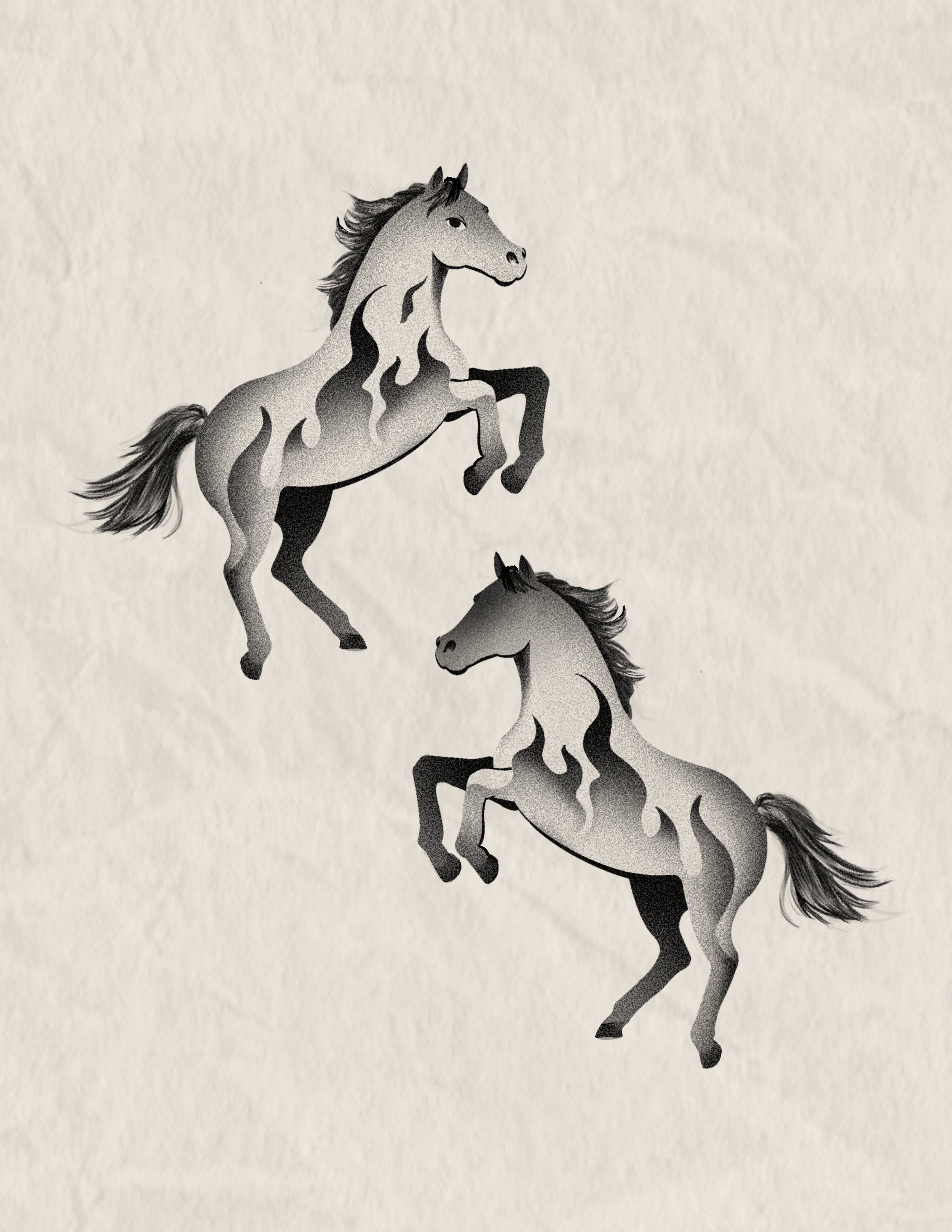 Illustration of three black and white horses with flowing manes and tails on a white background.