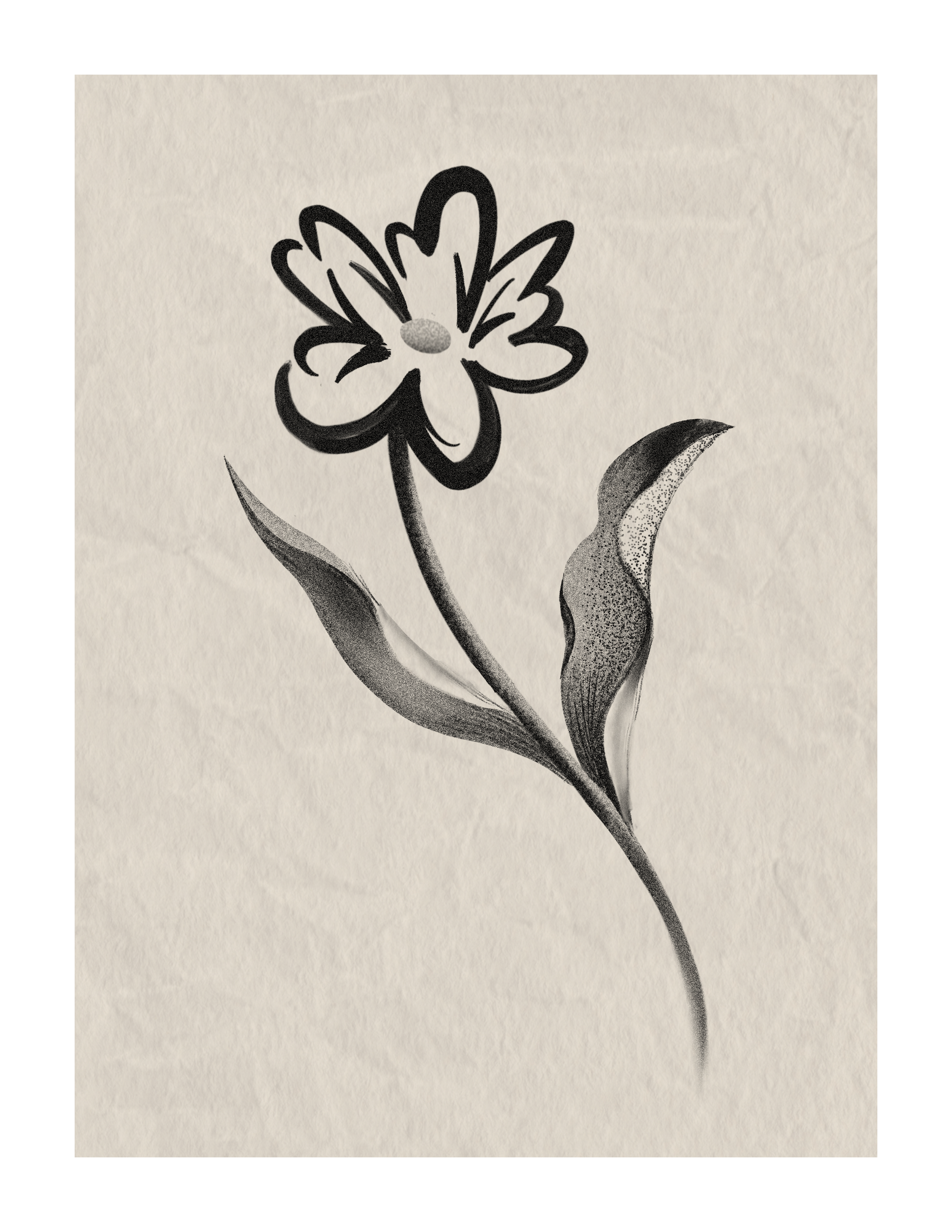 A black and white drawing of a flower with the petals outlined and a central oval stamen, with two large leaves and a long slender stem on a textured background.