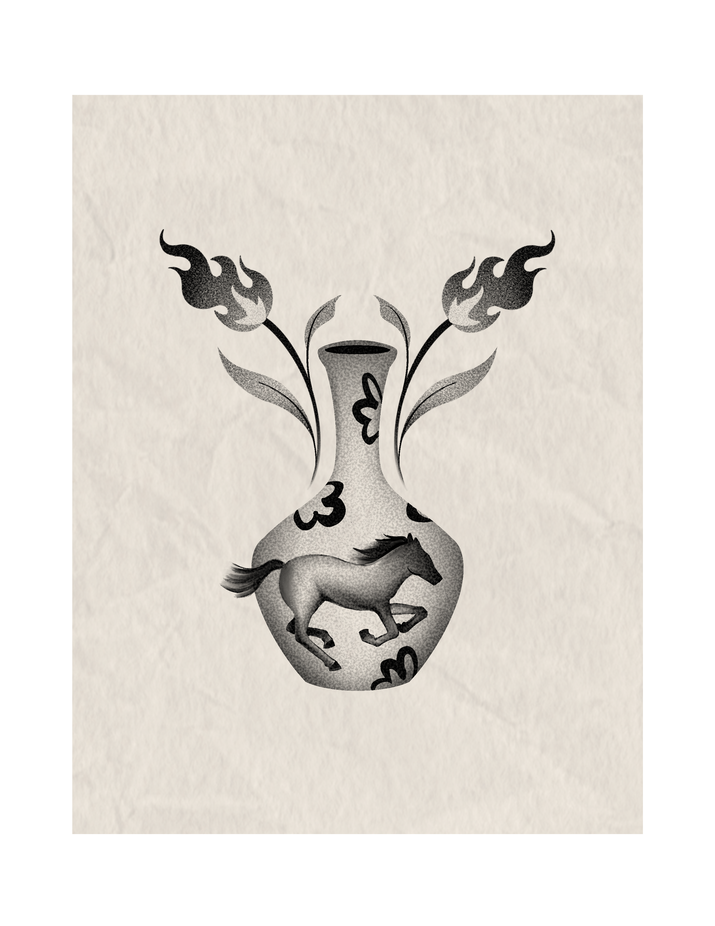A grayscale tattoo design featuring a horse's head below a large vase with flames emerging from the top, attached to two symmetrical floral stems.