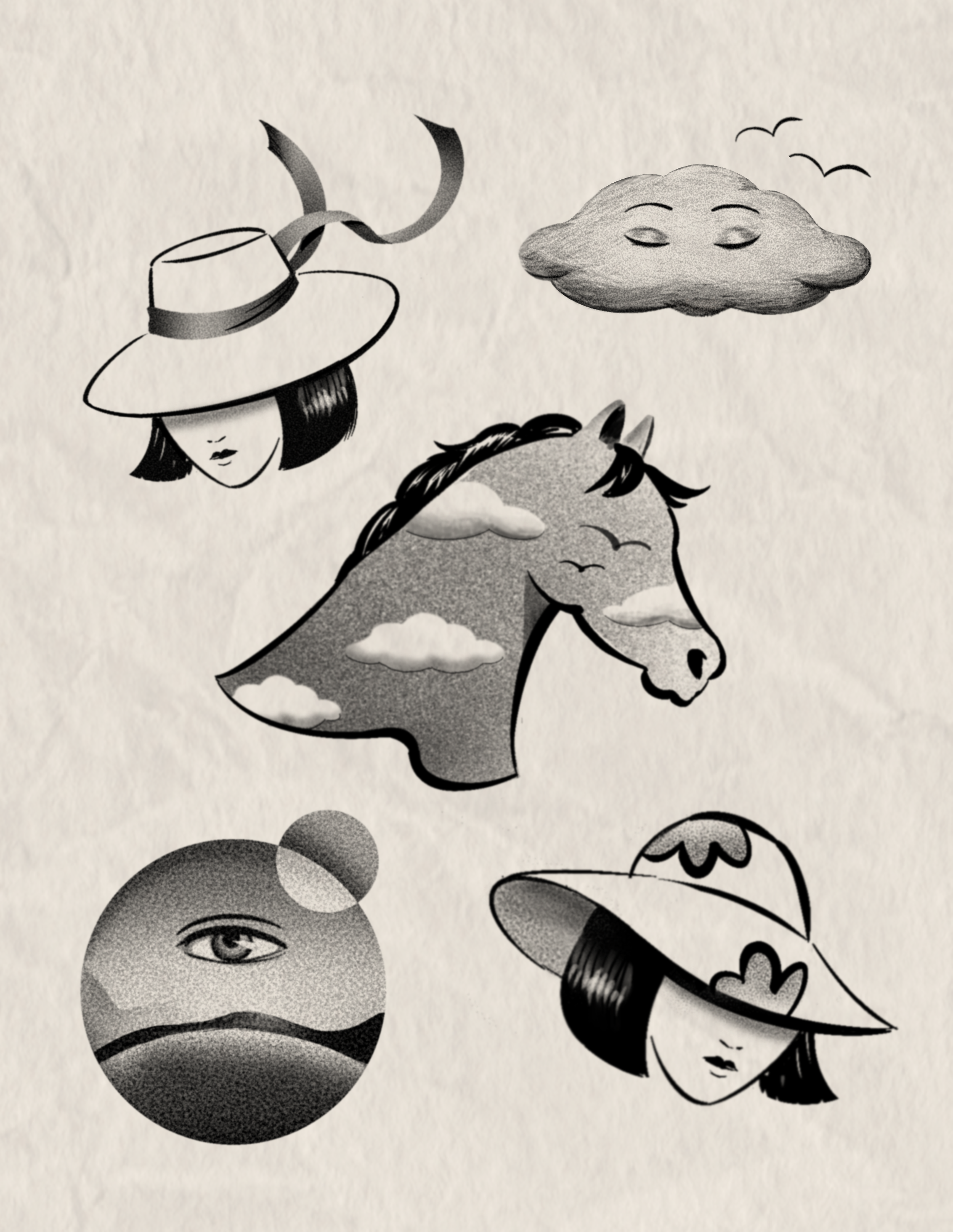 Black and white illustration with various faces, animals, and abstract shapes, including a woman with a hat, a cloud with closed eyes, a horse's head, and a woman's face with long hair.