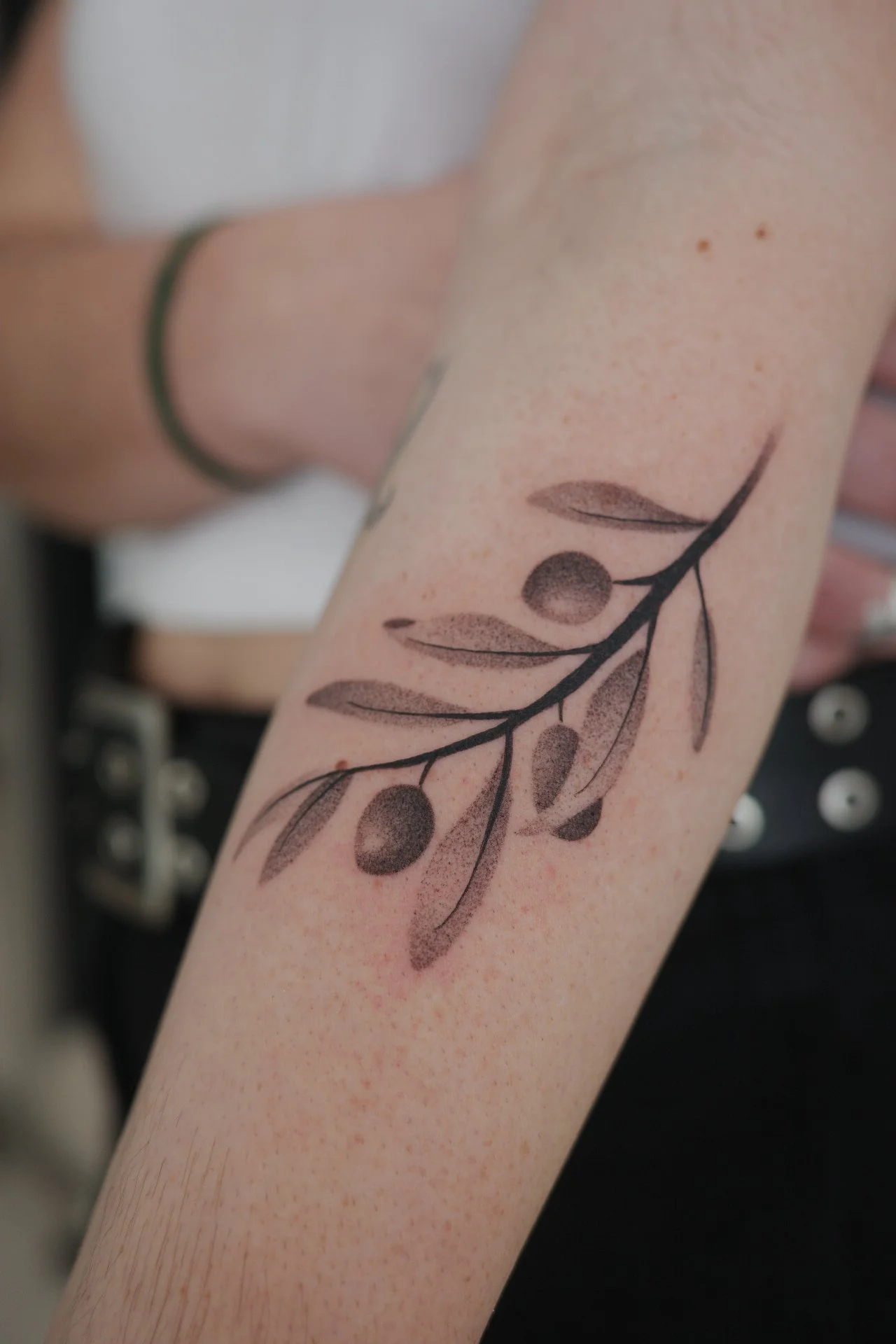 Tattoo of a black branch with round berries and leaves on a person's arm.