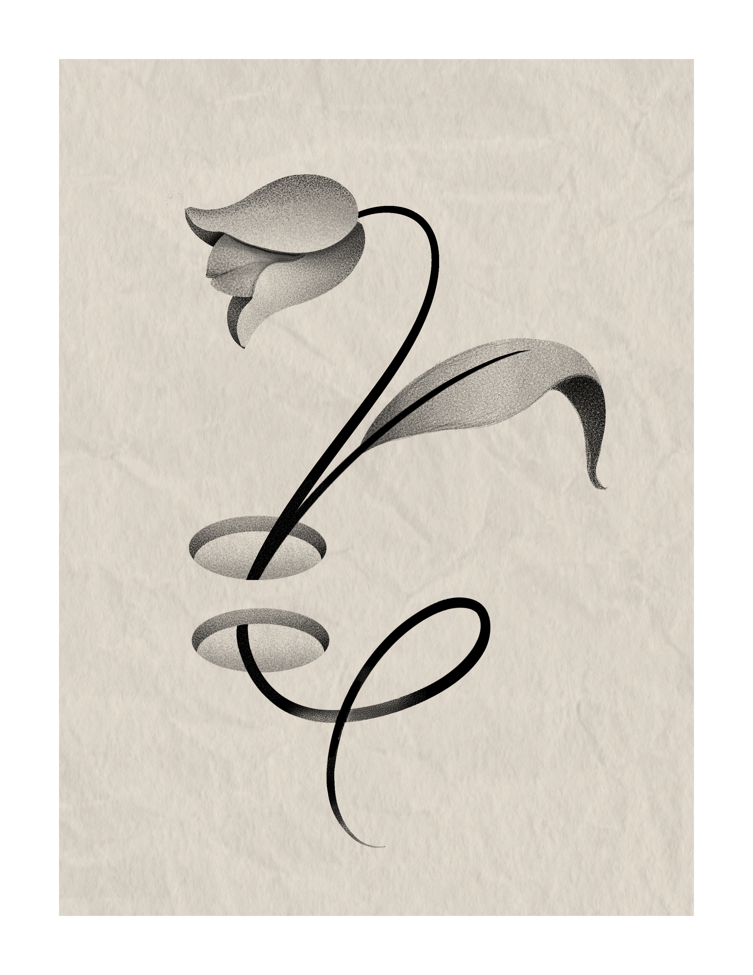 Black and white artistic illustration of a blooming flower with a long curved stem and a garden hose coiled at the bottom.