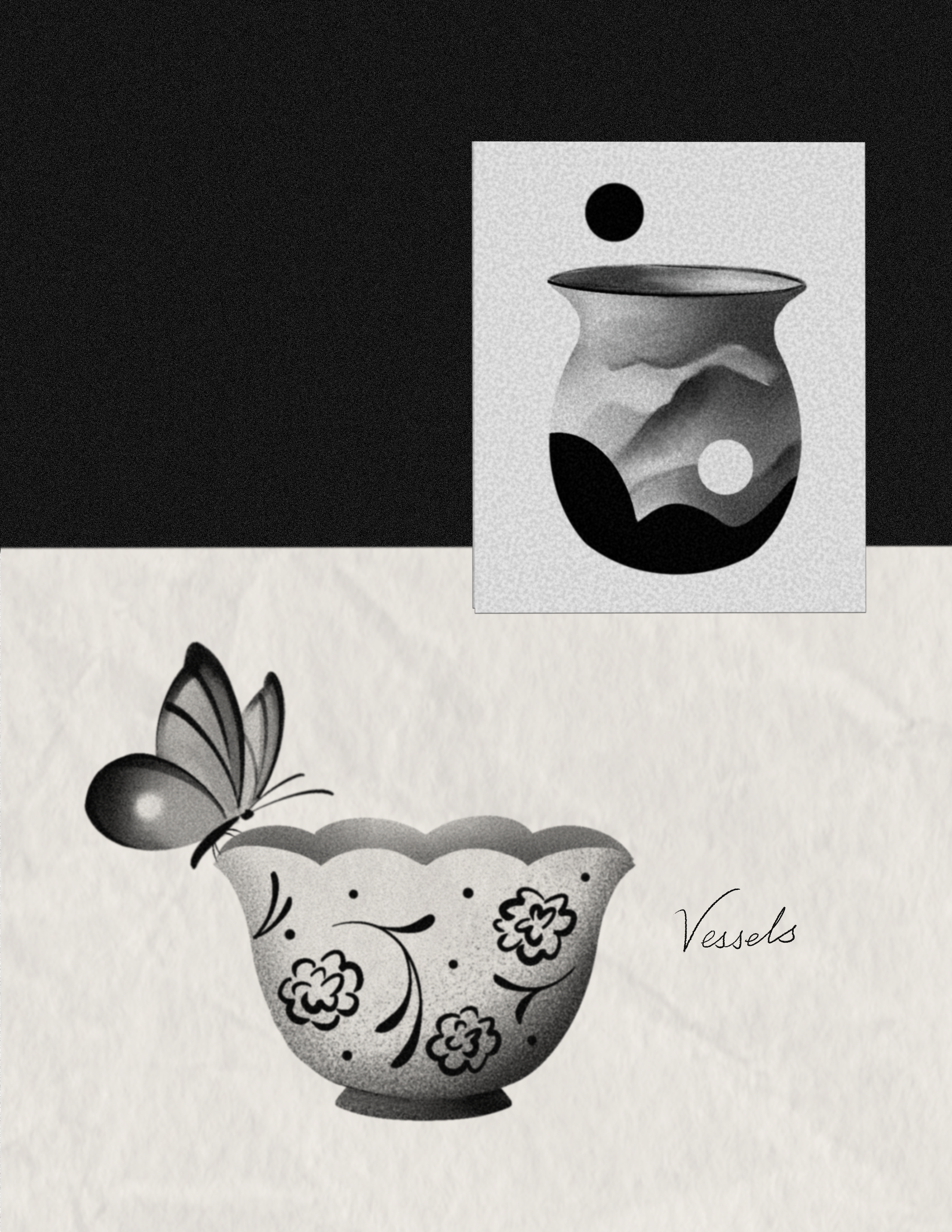 Black and white illustration of a decorated vase with flowers, and a butterfly flying near the vase.