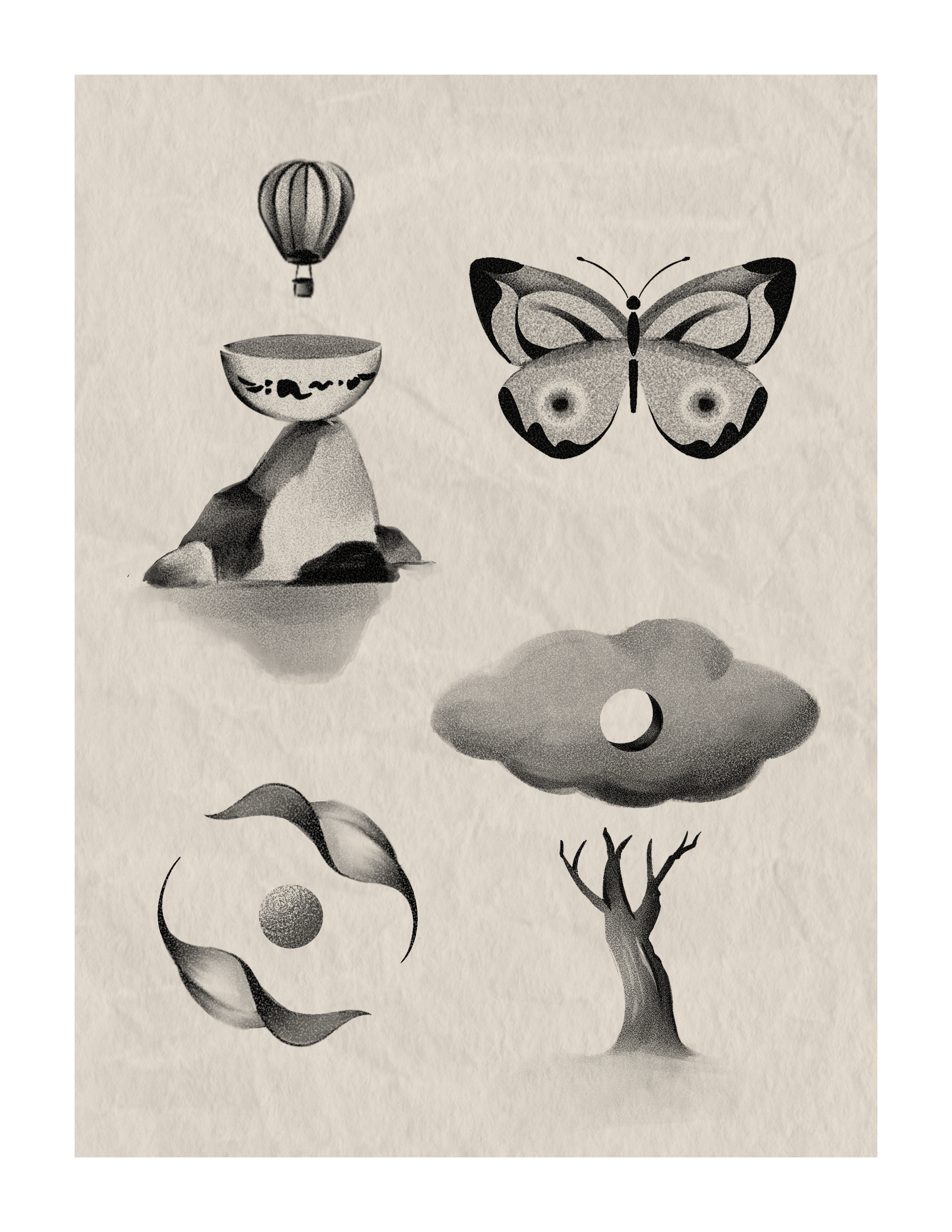 A black and white illustration depicting a stylized tree with a large, round, textured canopy, a thin trunk, and two winding branches each with a single leaf. There are abstract circular shapes on the ground near the base of the tree.