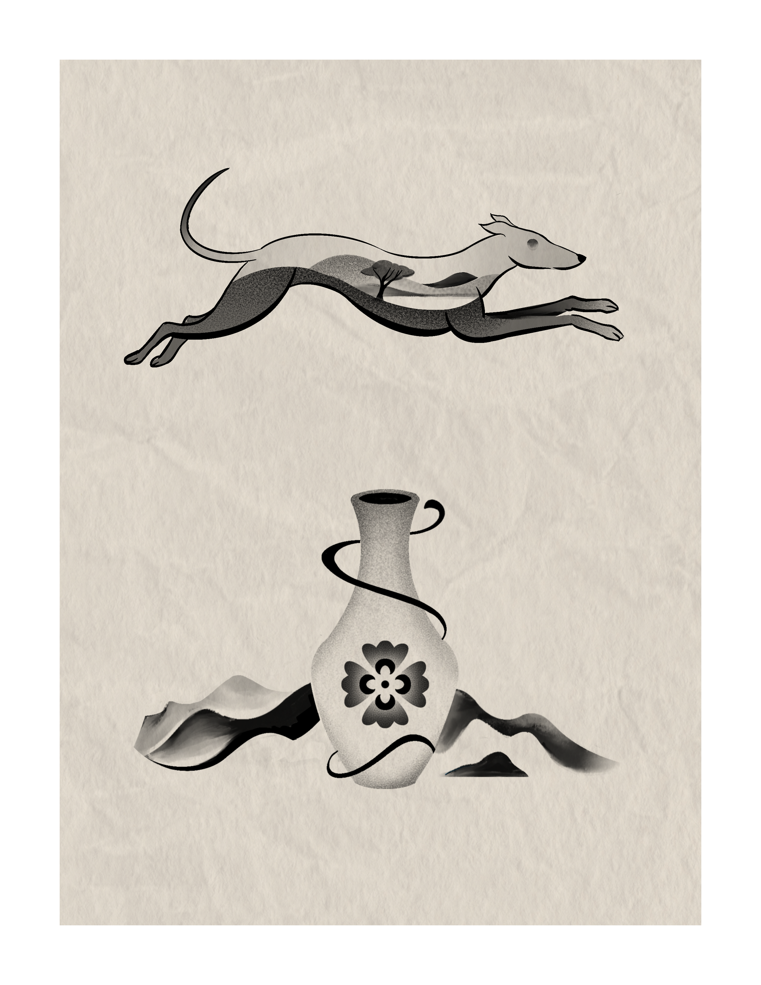 A black and white illustration of a dog running with a landscape inside its body, including a tree and hills. The background features a cup with steam rising from it.