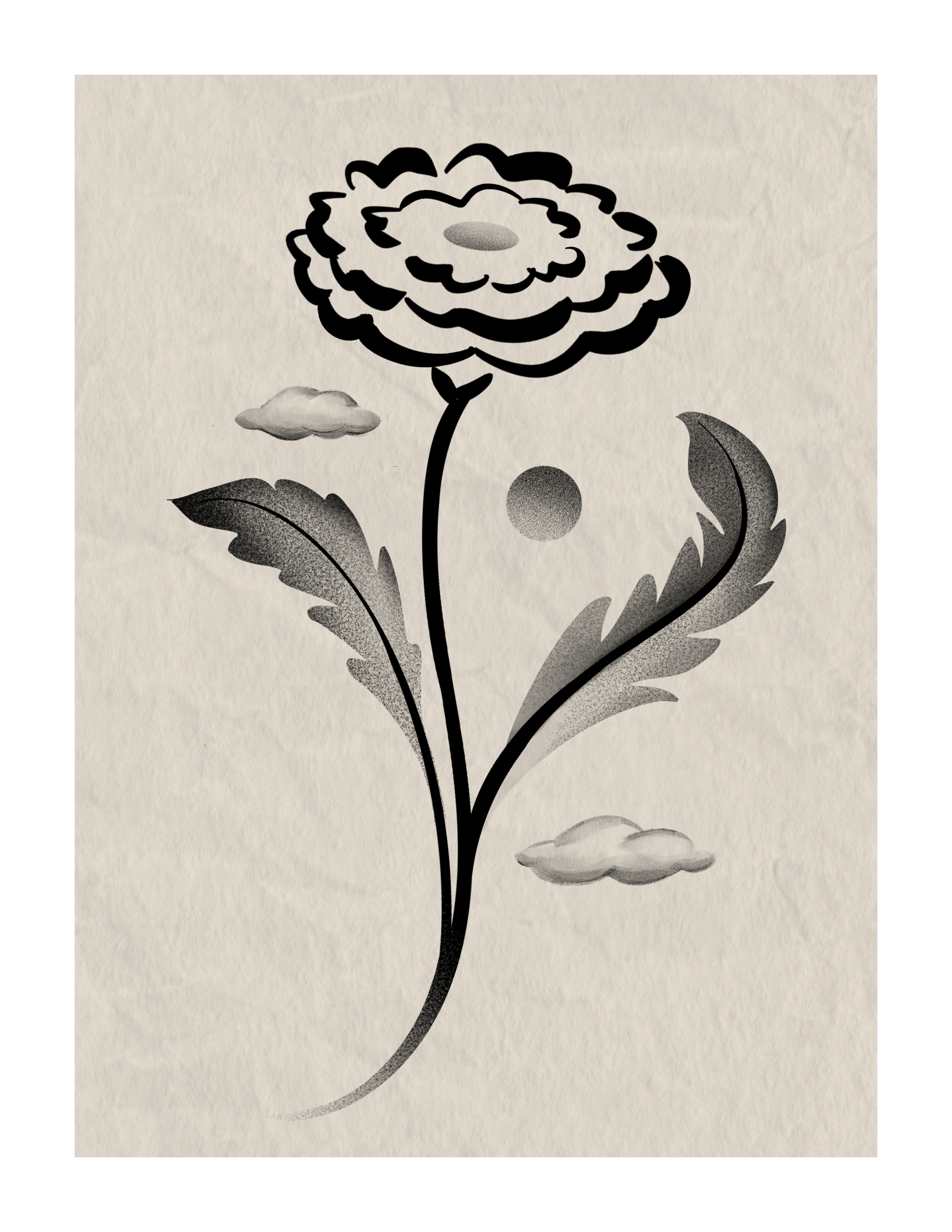 A black and white drawing of a flower with a long stem, large leaves, and a round center, with several small clouds in the sky.