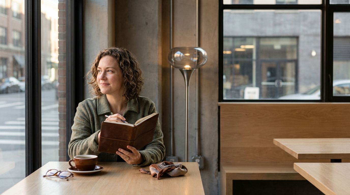 A woman with curly hair sitting by a large window in a cafe, holding an open book and smiling softly while taking notes. There is a coffee cup, a pair of glasses, and some cloth on the table.