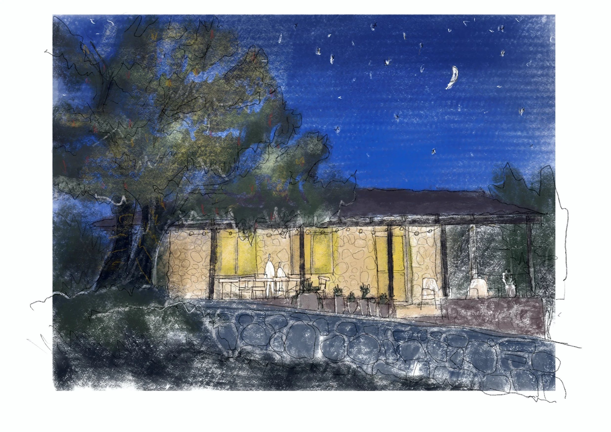 Nighttime scene of a house with lit windows, surrounded by trees under a starry sky with a crescent moon.
