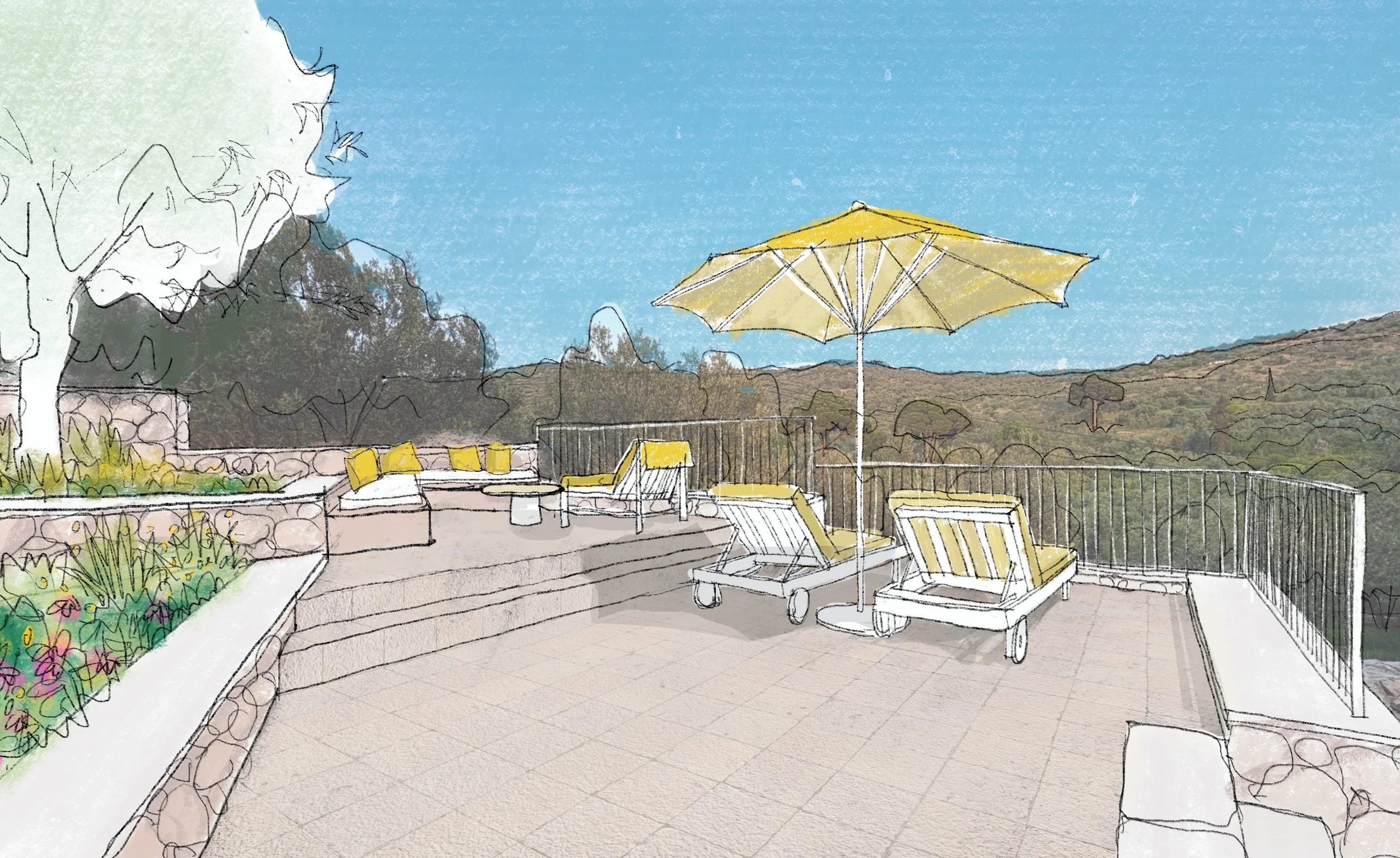 A digitally edited image of an outdoor patio area with seating and a yellow umbrella, overlooking a scenic landscape with mountains and trees under a blue sky.