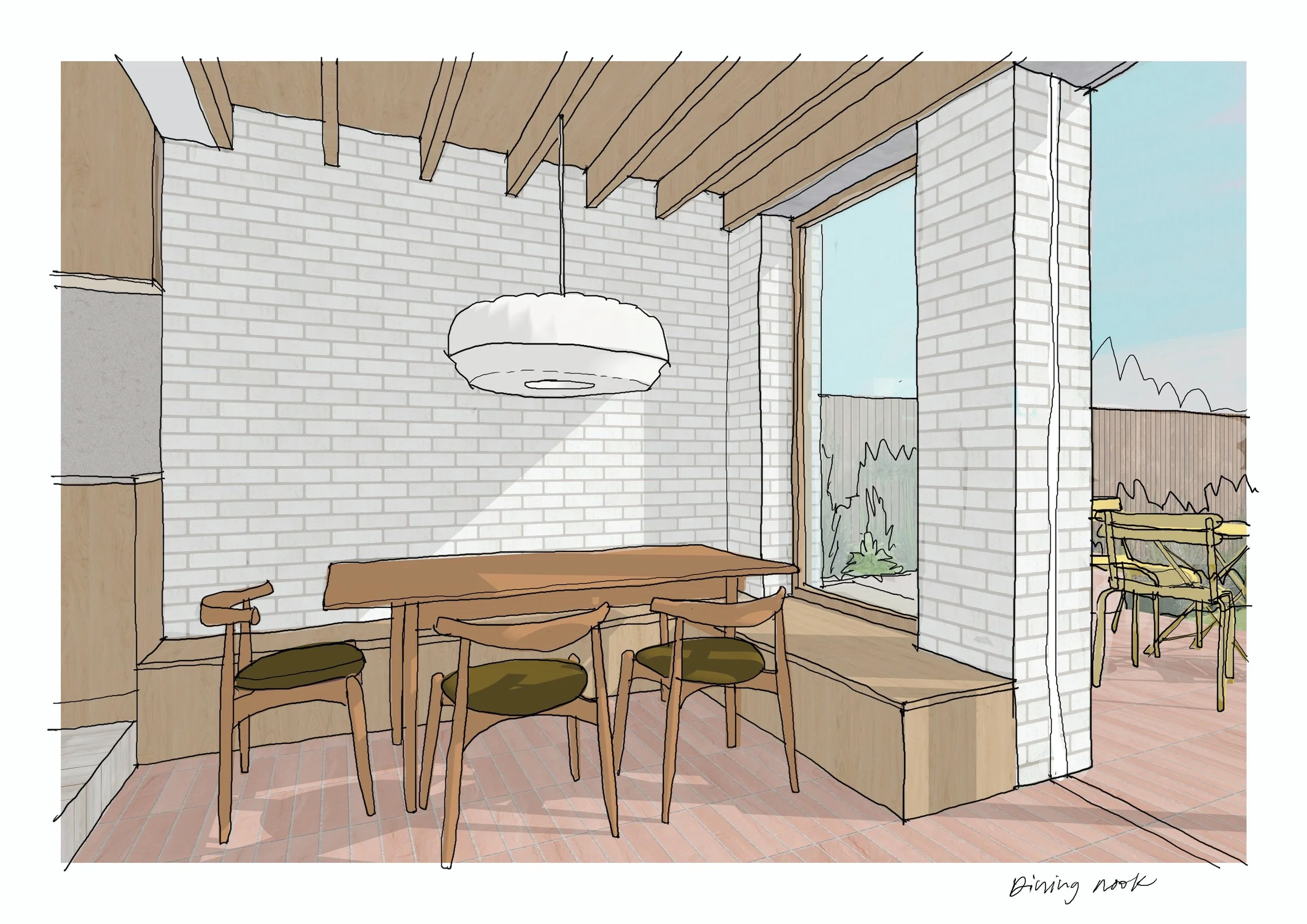 Interior illustration of a dining nook with a wooden table and chairs, white brick walls, a window with a view outside, and a hanging pendant light.