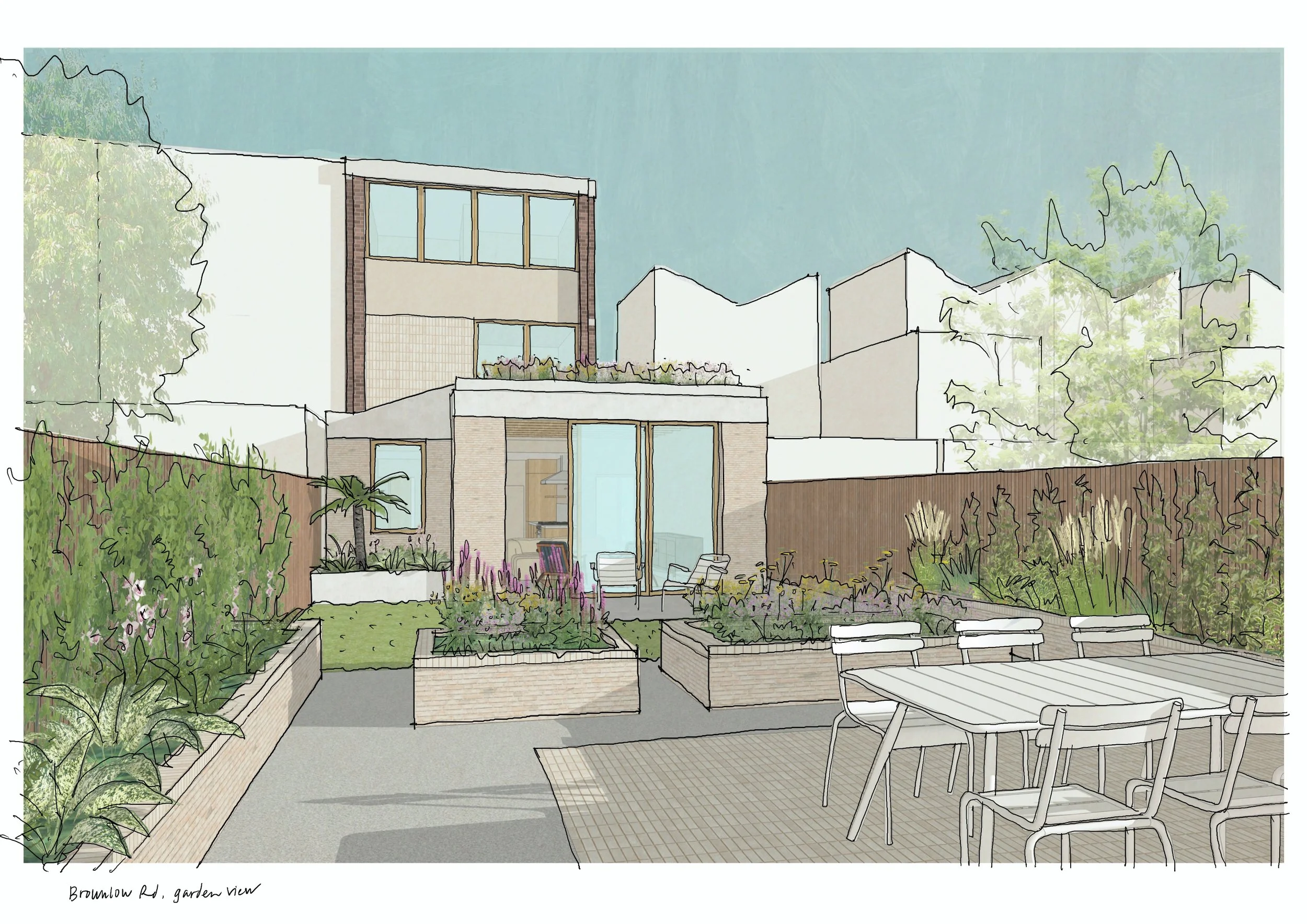 A watercolor illustration of a backyard garden with patio furniture, plants, and trees, with modern houses and a blue sky in the background.