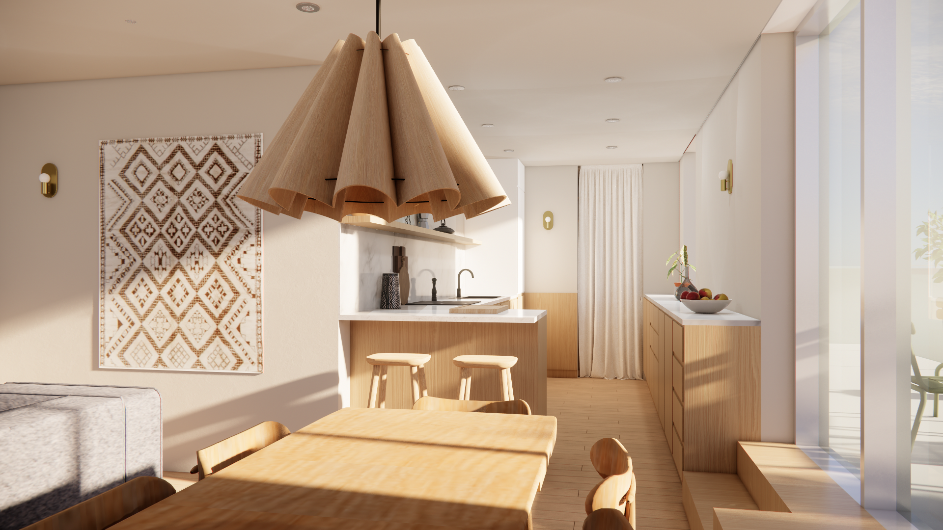 Modern open-concept kitchen and dining area with wooden accessories, a hanging lamp, decorated wall art, and sunlight streaming through large windows.