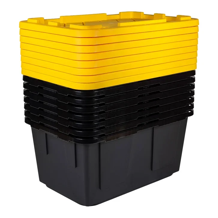 Stacked storage bins, with yellow bins on top and black bin on the bottom, used for organizing small items.