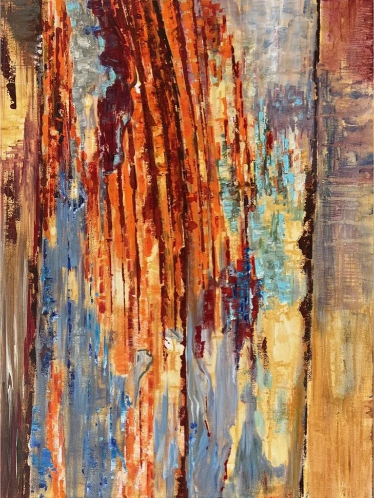 Abstract painting featuring vertical streaks of orange, blue, beige, and brown colors that resemble a textured wood surface.